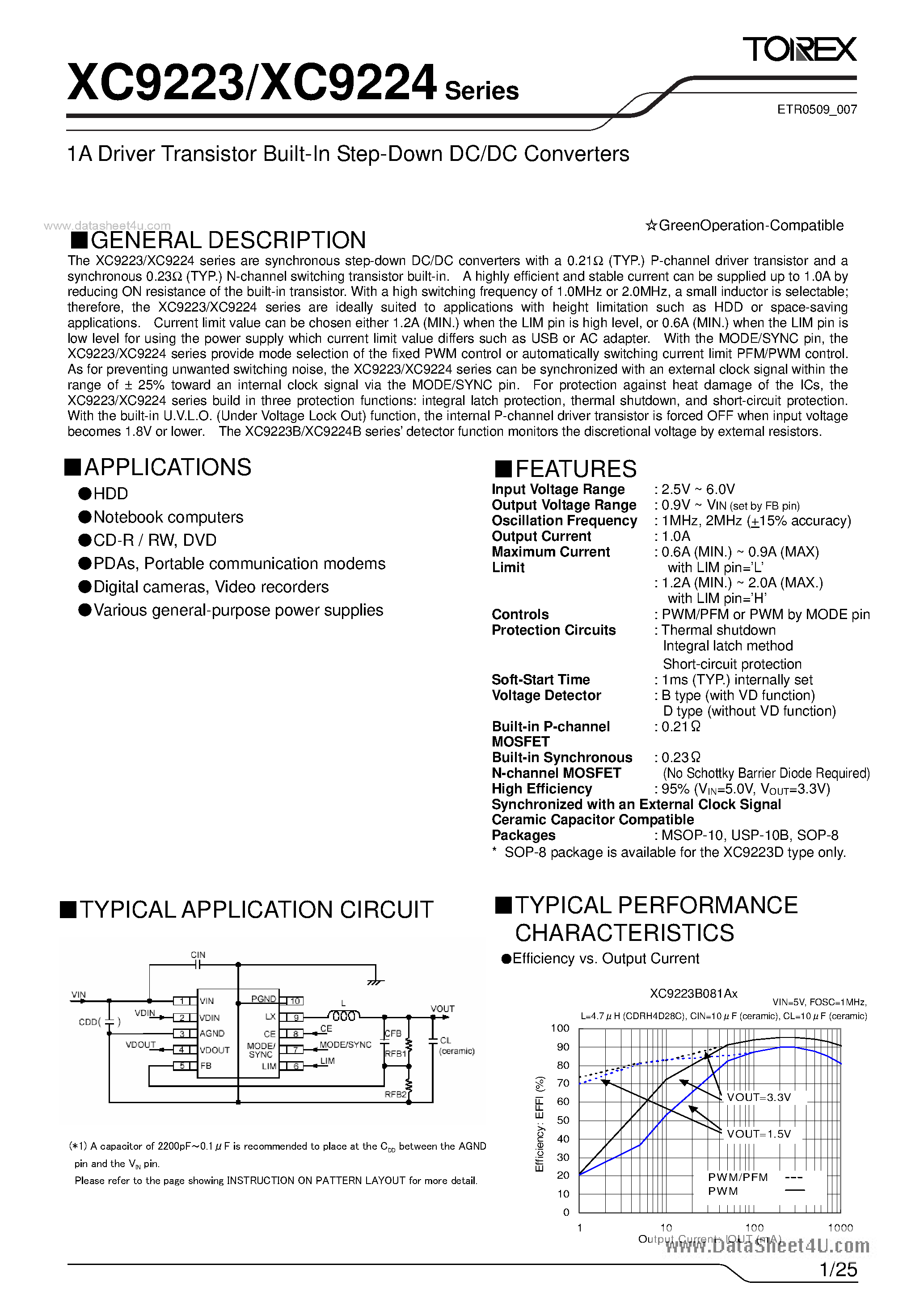 Даташит на микросхему XC9223 страница 1 Даташит XC9223 - (XC9223 / XC9224) 1A Driver Transistor Built-In Step-Down DC/DC Converters страница 1
