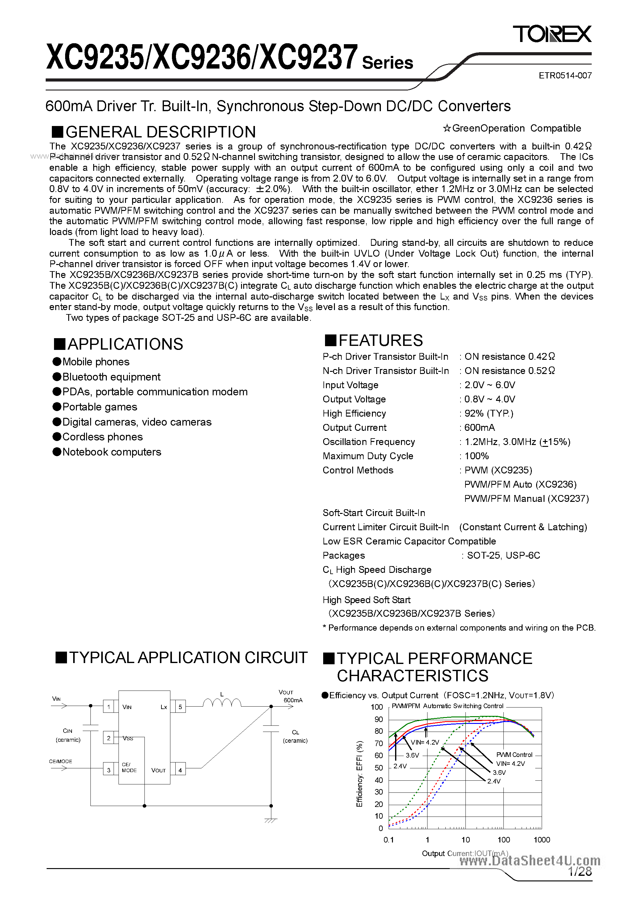 Datasheet XC9235 - (XC9235 - XC9237) Synchronous Step-Down DC/DC Converters page 1