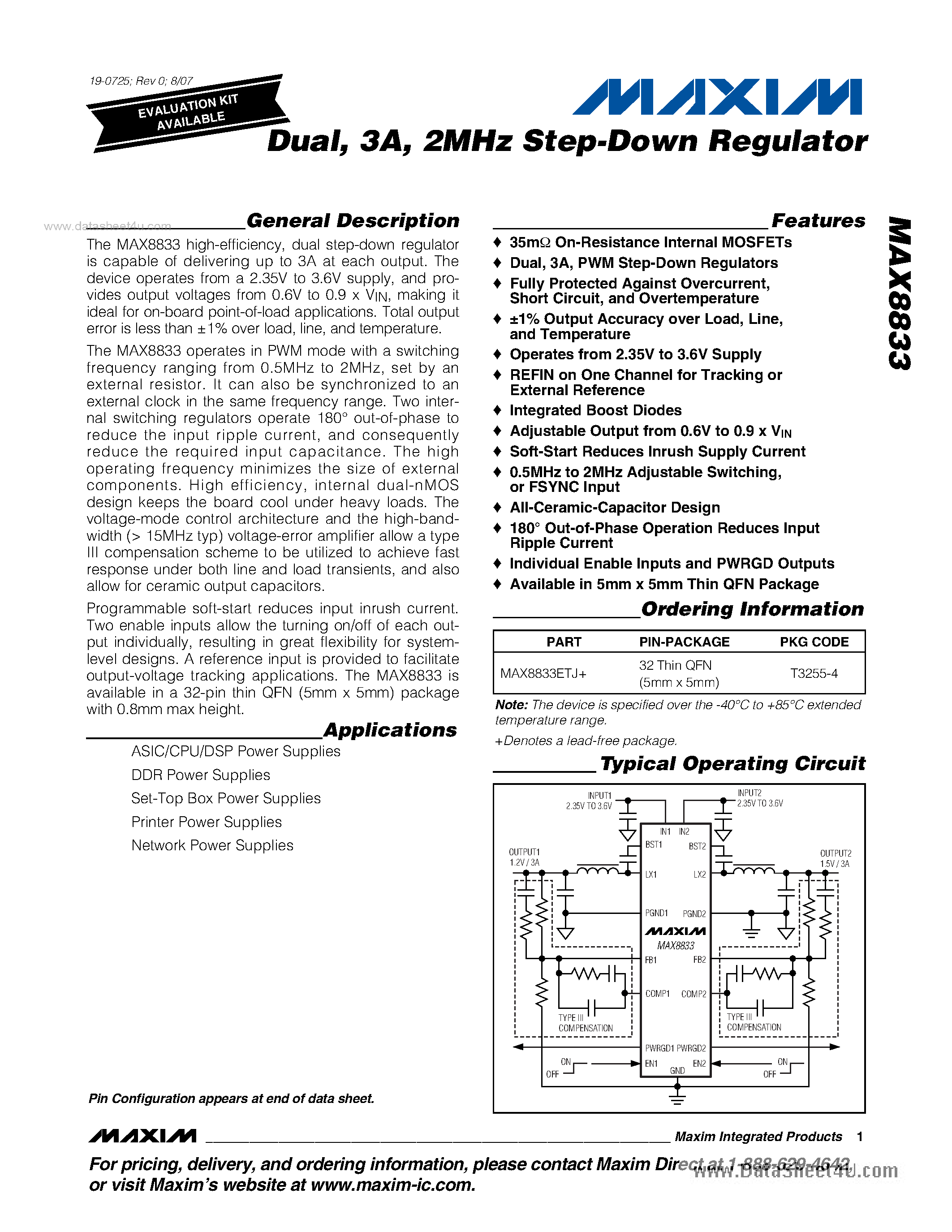 Datasheet MAX8833 - 2MHz Step-Down Regulator page 1