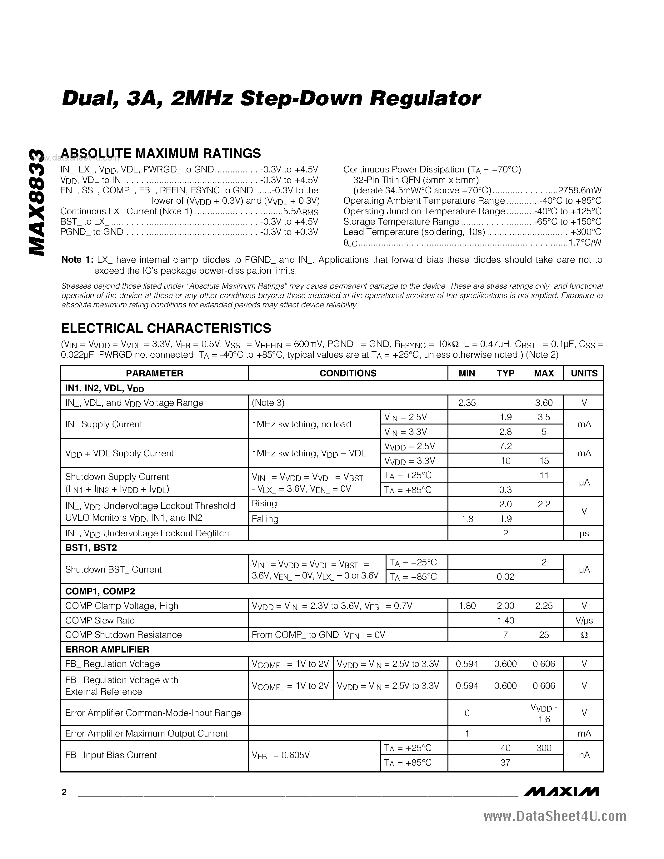 Datasheet MAX8833 - 2MHz Step-Down Regulator page 2