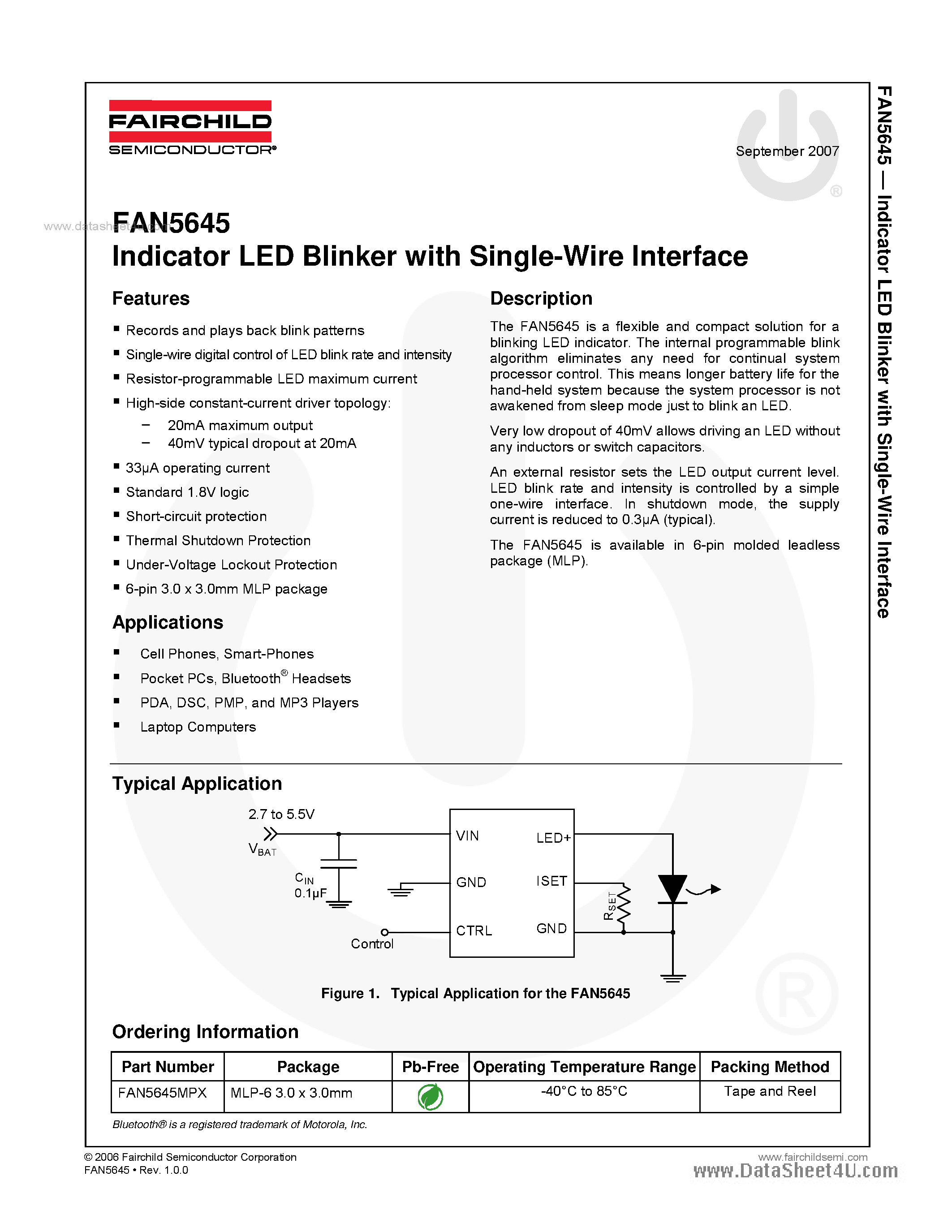 Даташит FAN5645 - Indicator LED Blinker страница 1