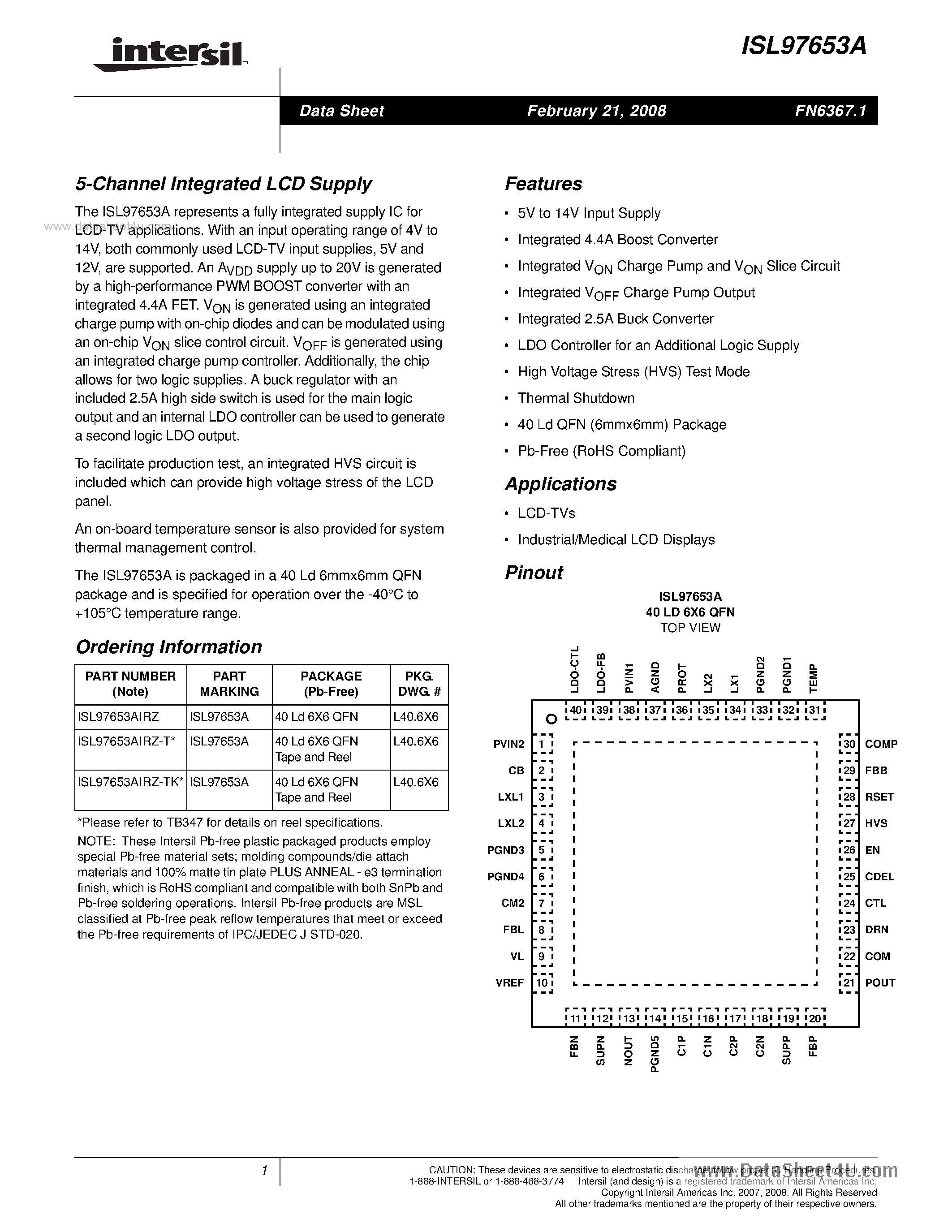 Даташит ISL97653A - 5-Channel Integrated LCD Supply страница 1