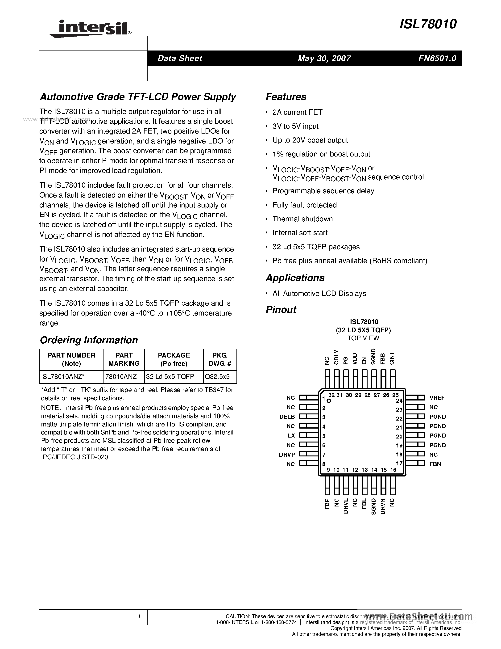 Datasheet ISL78010 page 1 Datasheet ISL78010 - Automotive Grade TFT-LCD Power Supply page 1