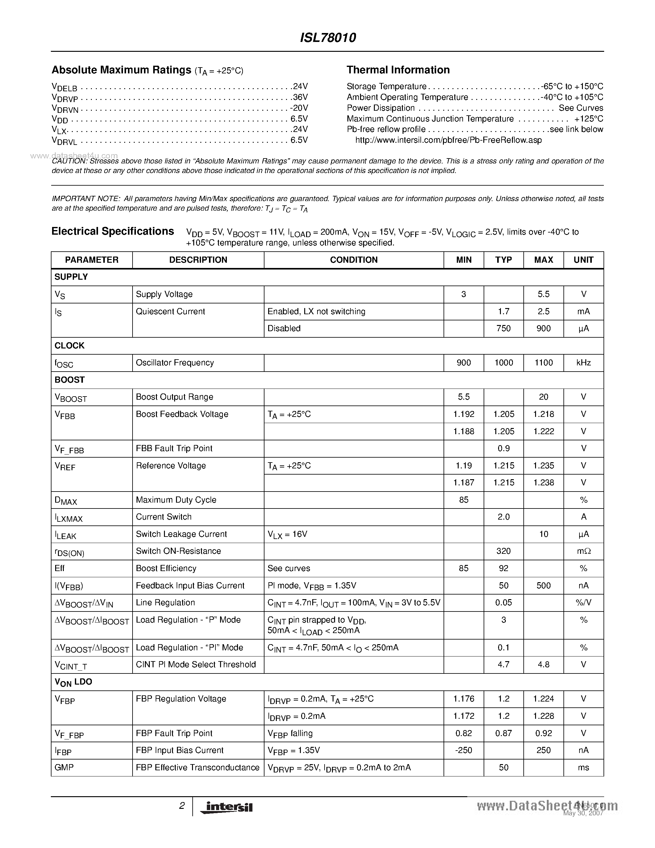 Datasheet ISL78010 page 2 Datasheet ISL78010 - Automotive Grade TFT-LCD Power Supply page 2