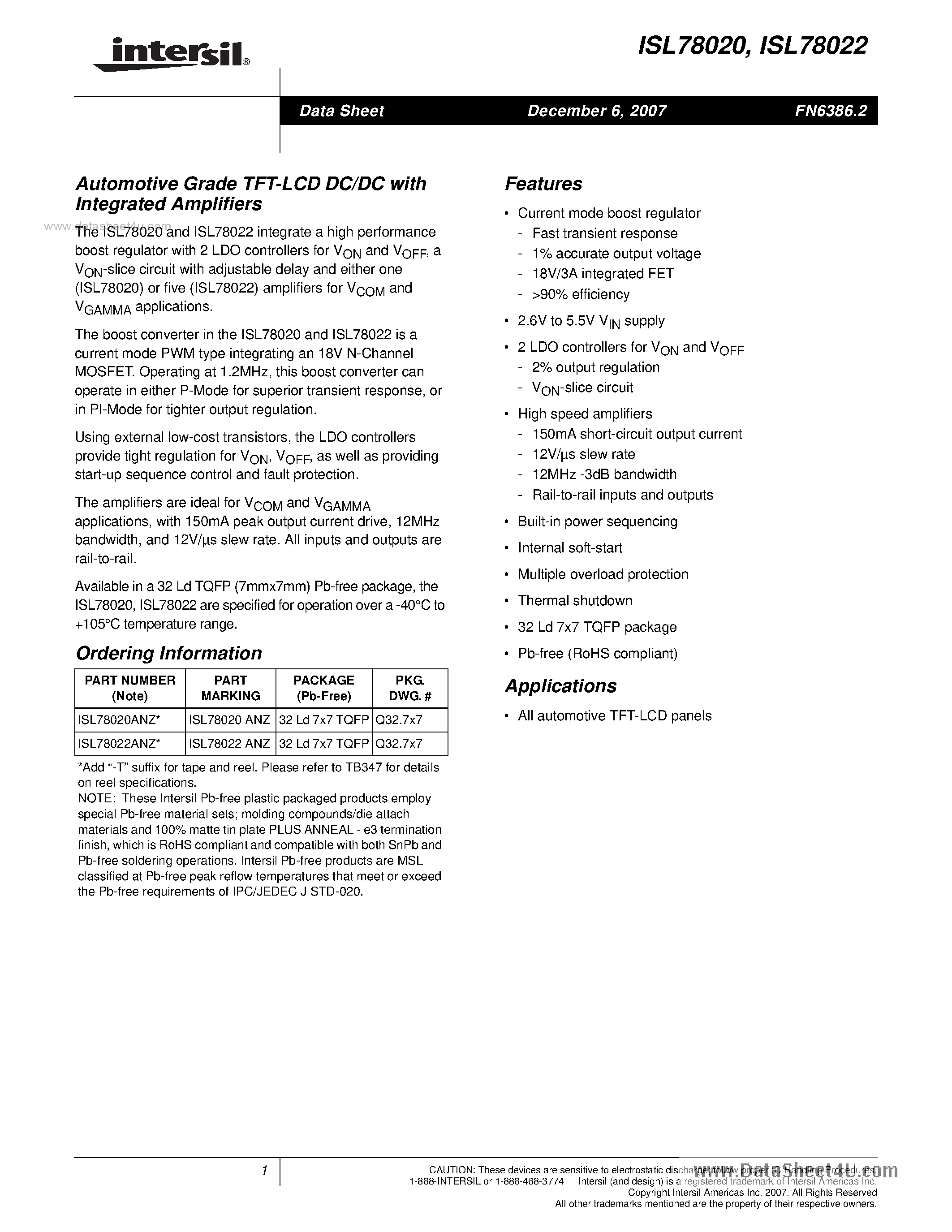 Даташит ISL78020 - (ISL78020 / ISL78022) Automotive Grade TFT-LCD DC/DC страница 1
