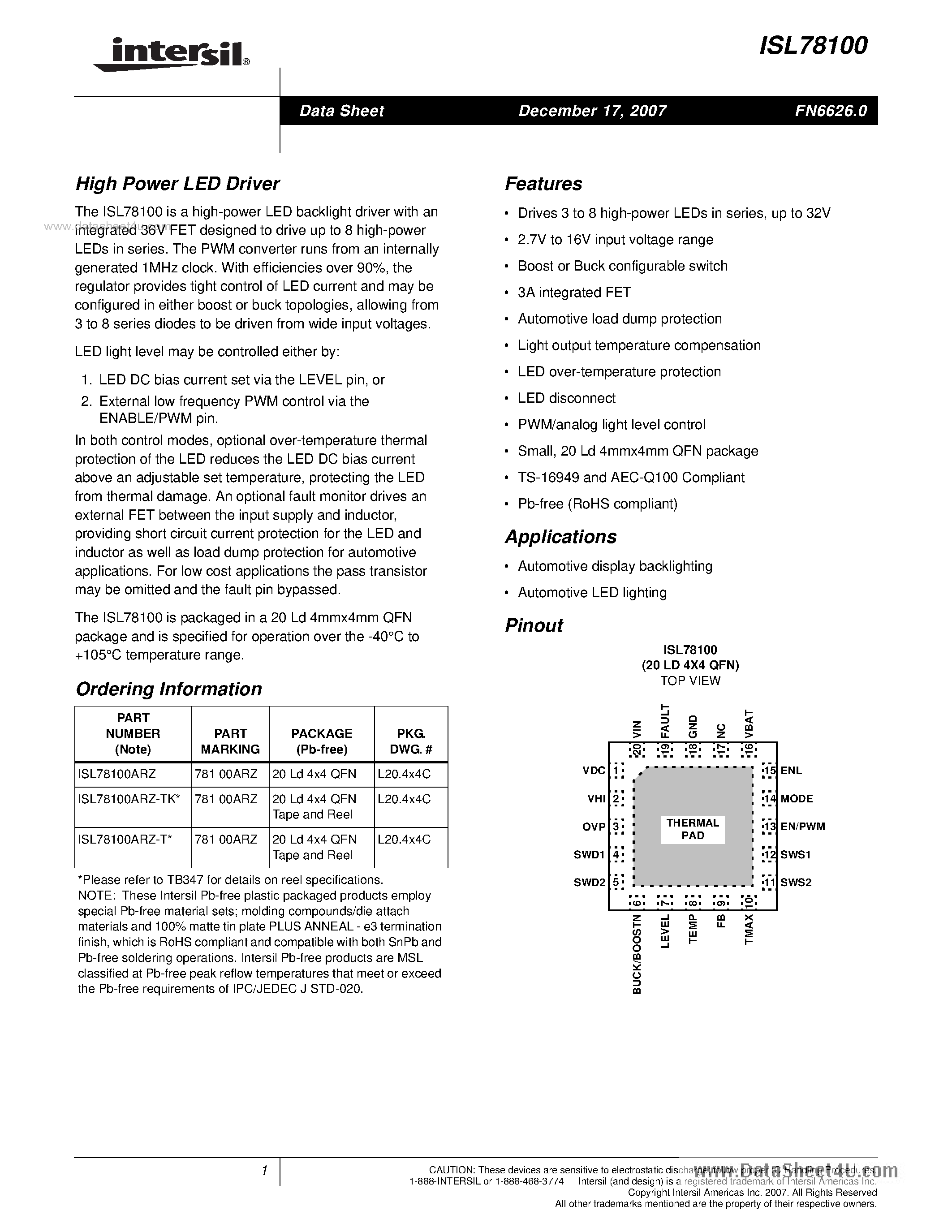 Datasheet ISL78100 page 1 Datasheet ISL78100 - High Power LED Driver page 1