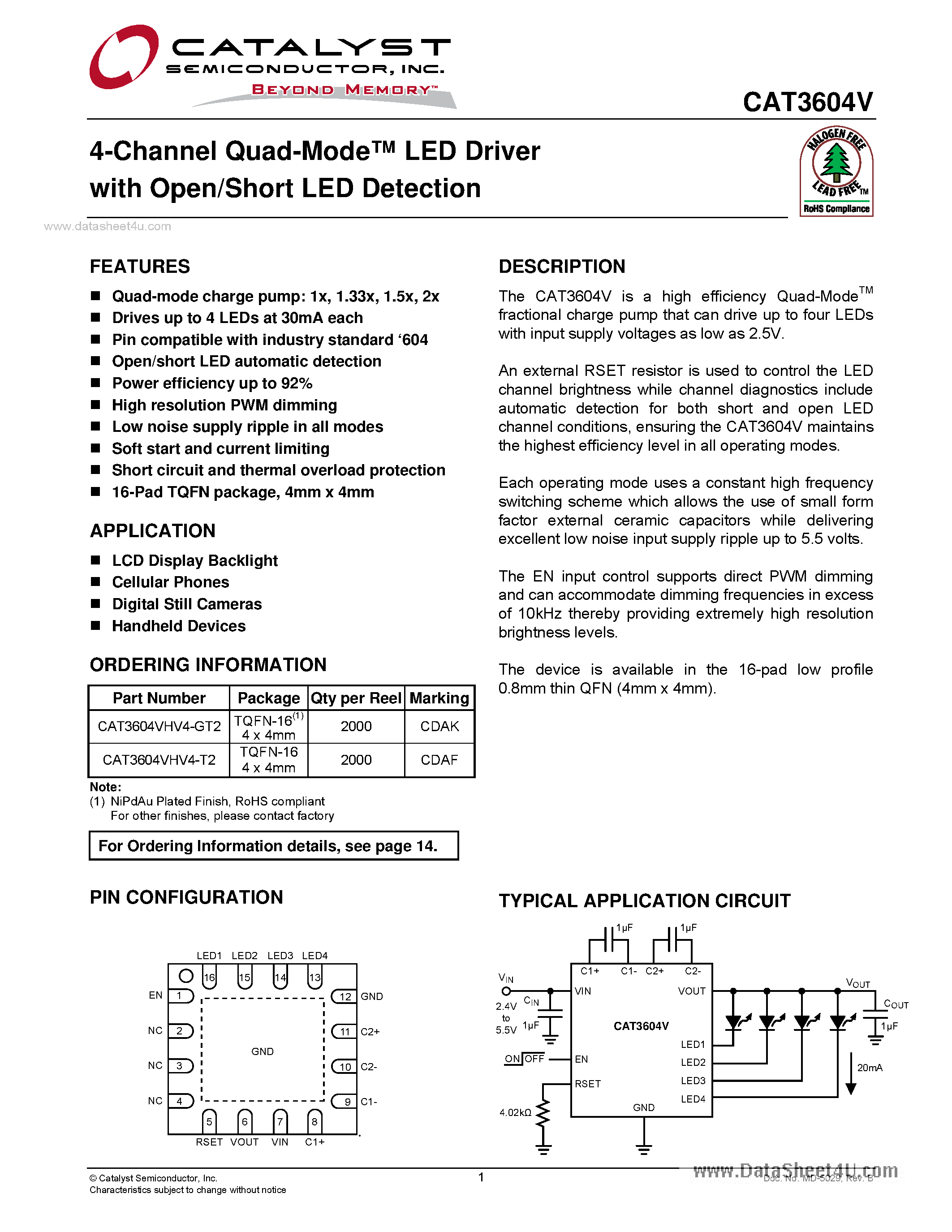 Datasheet CAT3604V - 4-Channel Quad-Mode LED Driver page 1