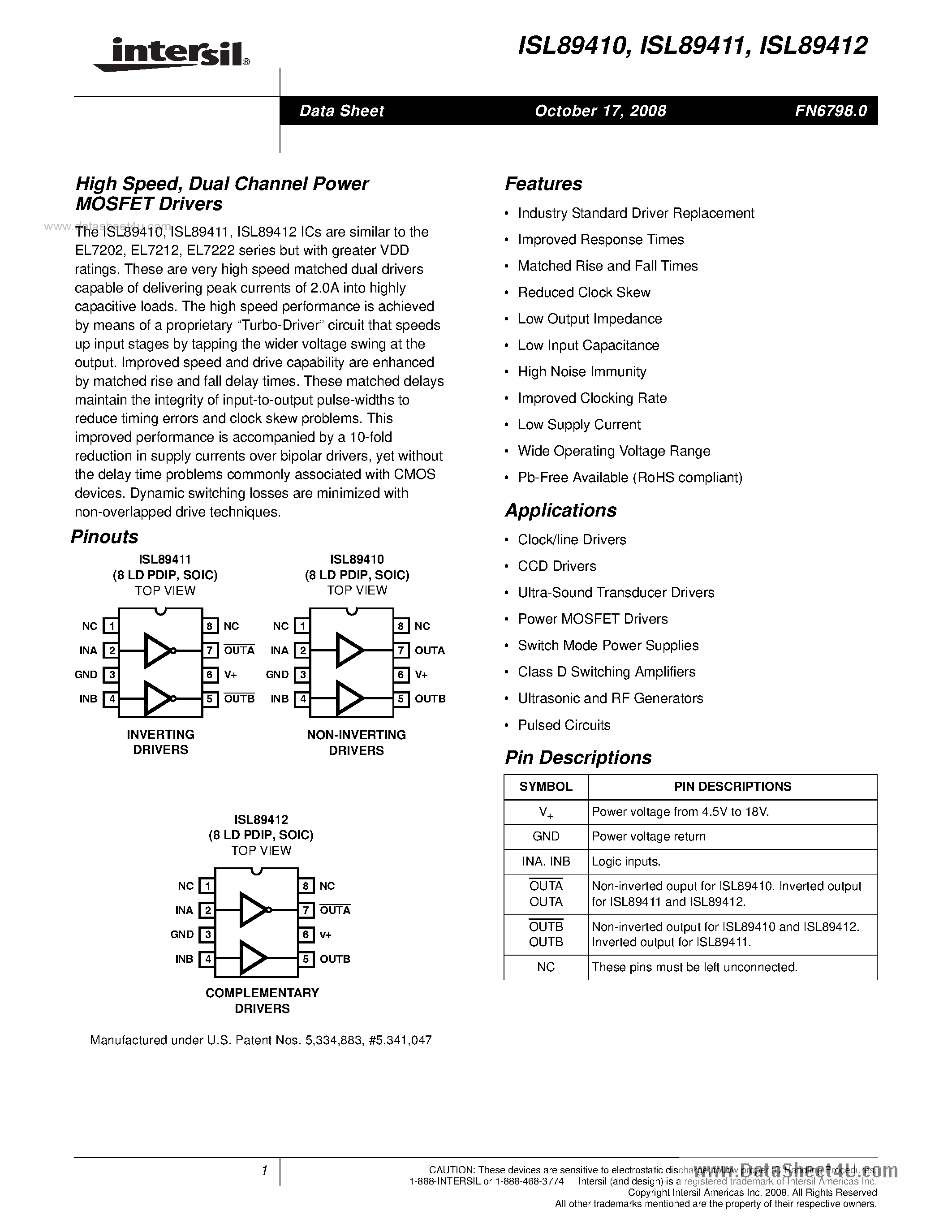 Даташит ISL89410 - (ISL89410 - ISL89412) Dual Channel Power MOSFET Drivers страница 1