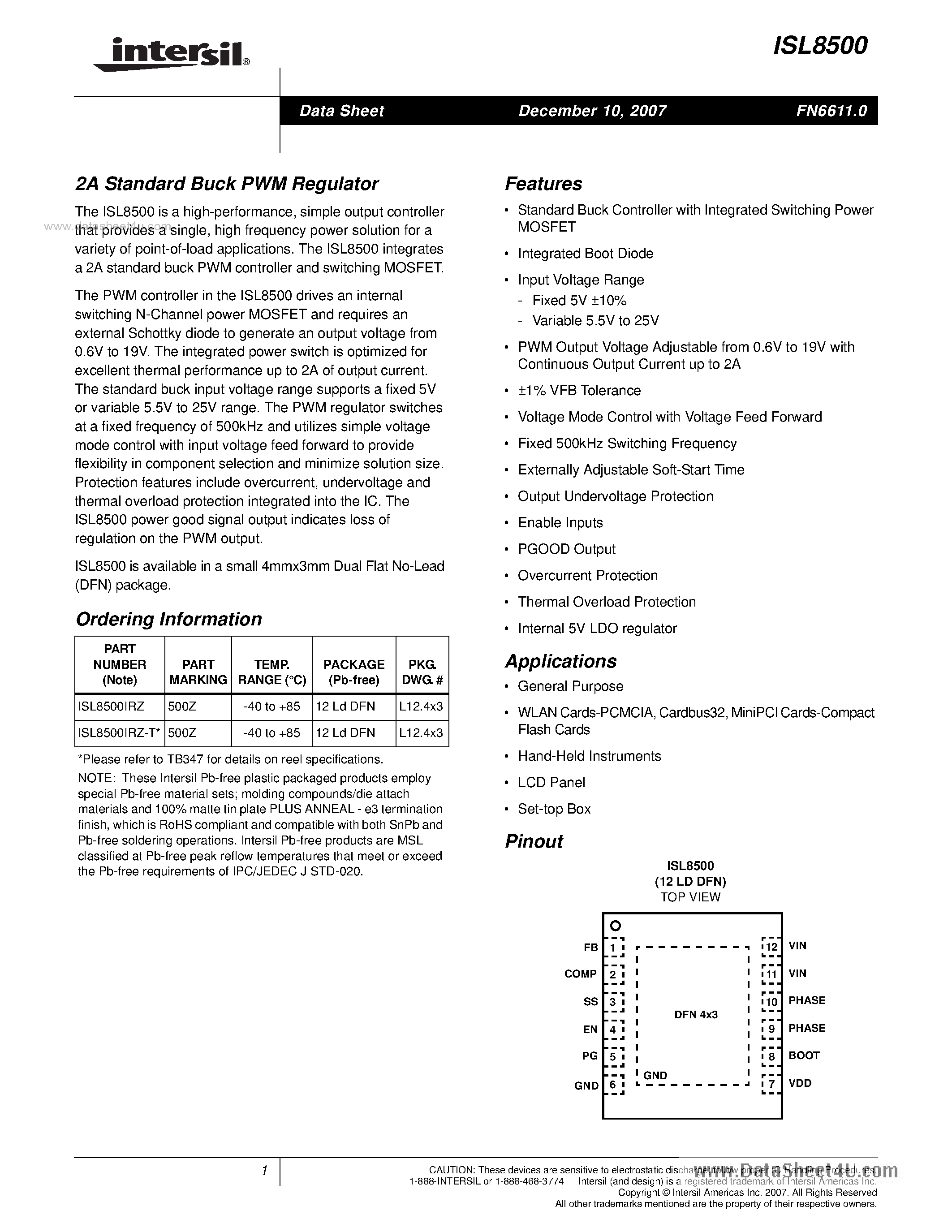 Datasheet ISL8500 page 1 Datasheet ISL8500 - 2A Standard Buck PWM Regulator page 1