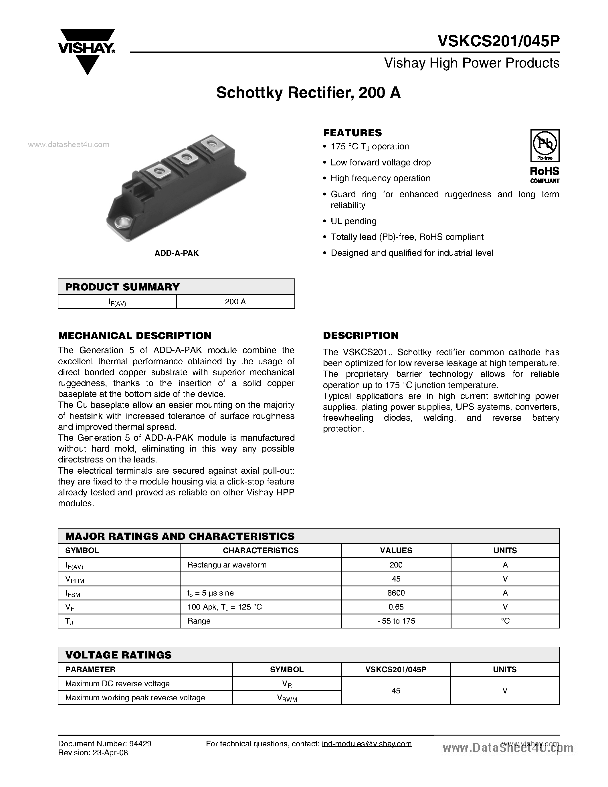 Datasheet VSKCS201/045P page 1 Datasheet VSKCS201/045P - Schottky Rectifier page 1