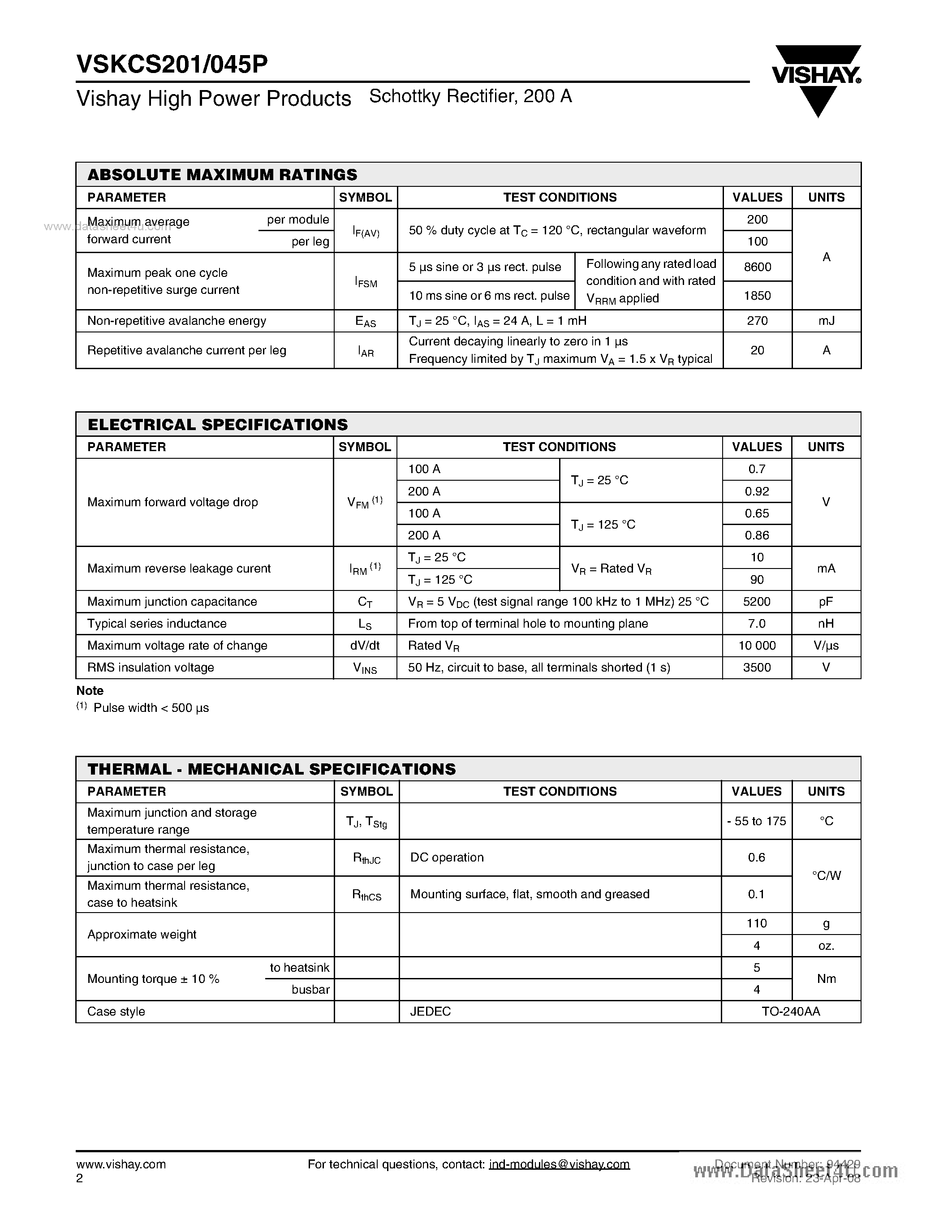 Datasheet VSKCS201/045P page 2 Datasheet VSKCS201/045P - Schottky Rectifier page 2