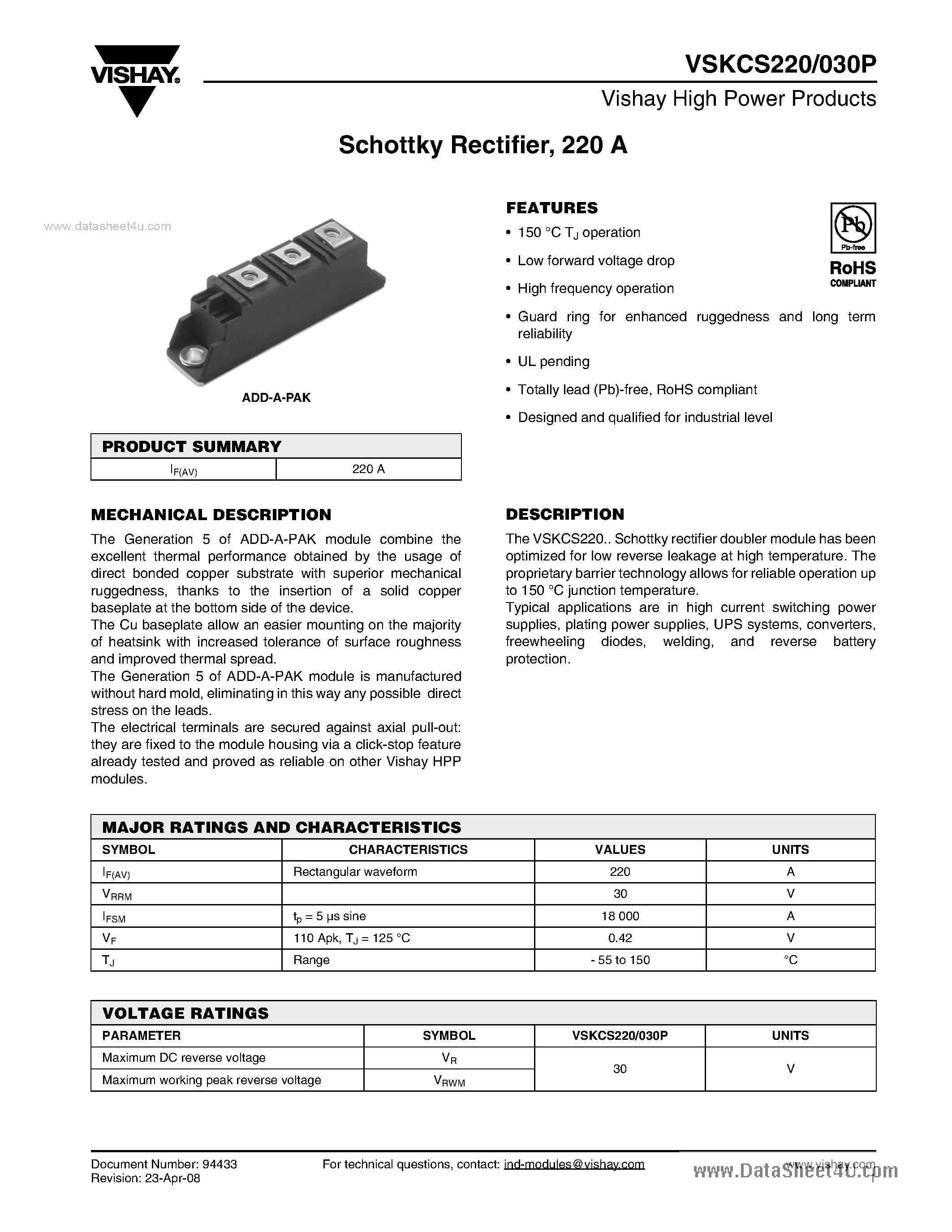 Datasheet VSKCS220/030P page 1 Datasheet VSKCS220/030P - Schottky Rectifier page 1