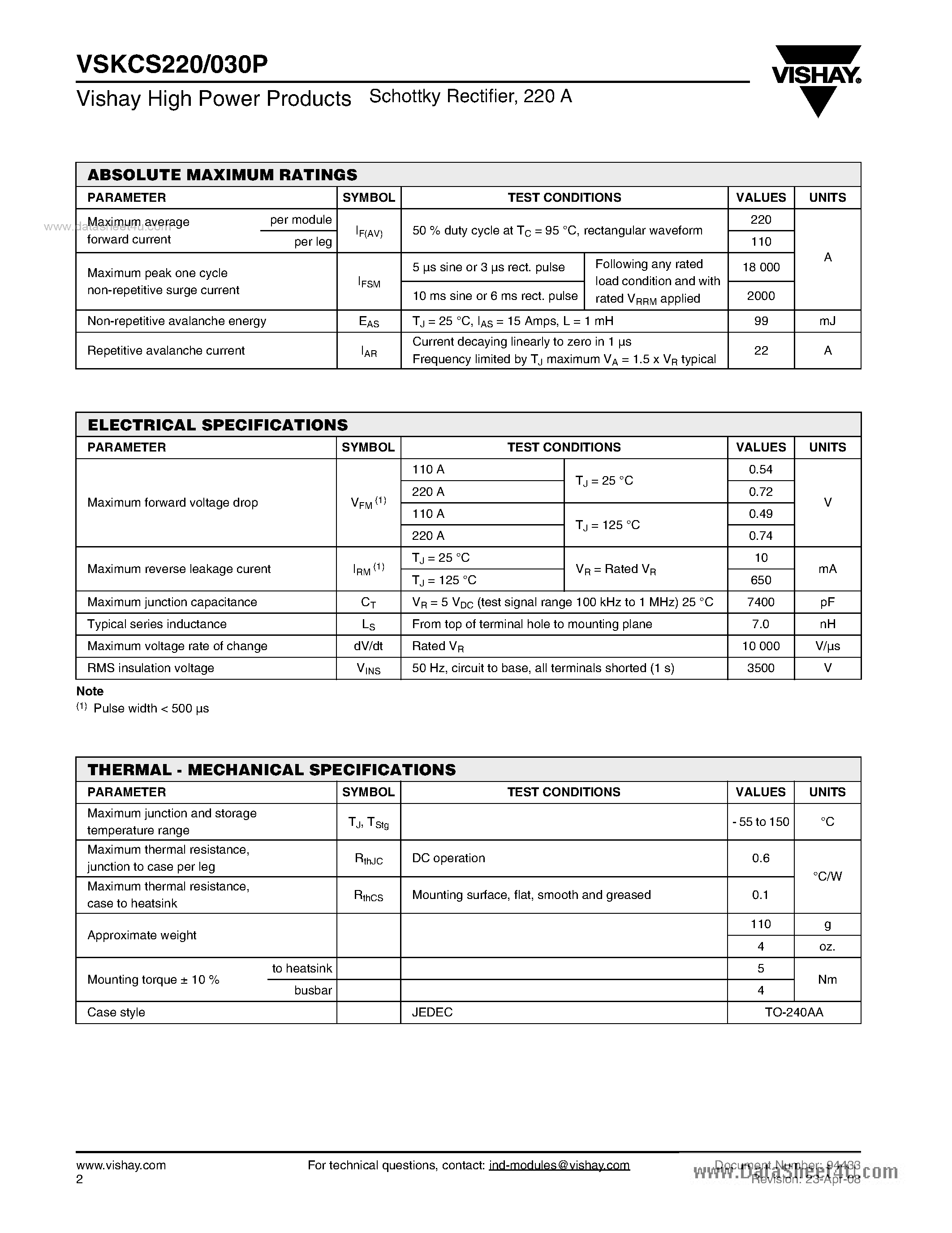 Datasheet VSKCS220/030P page 2 Datasheet VSKCS220/030P - Schottky Rectifier page 2