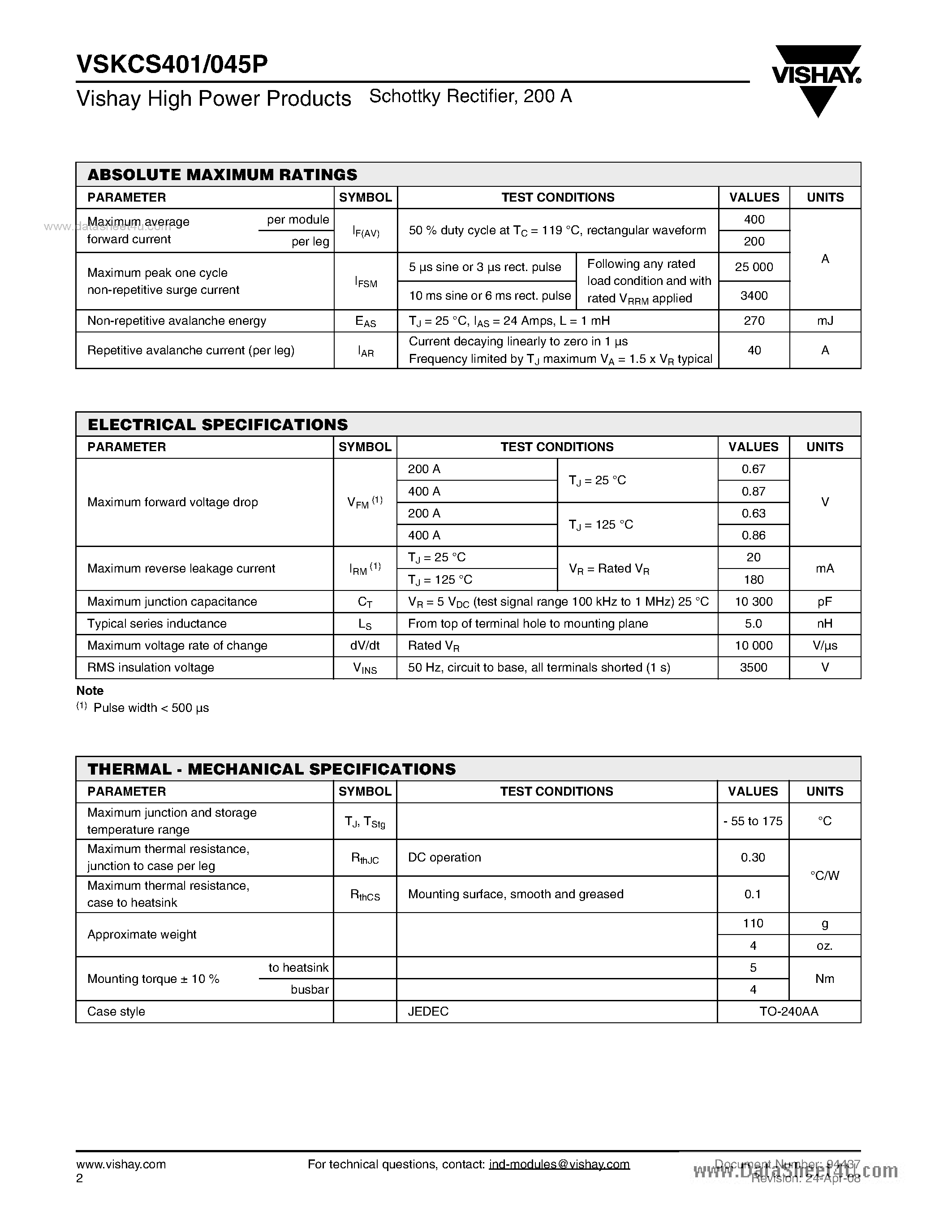 Datasheet VSKCS401/045P page 2 Datasheet VSKCS401/045P - Schottky Rectifier page 2