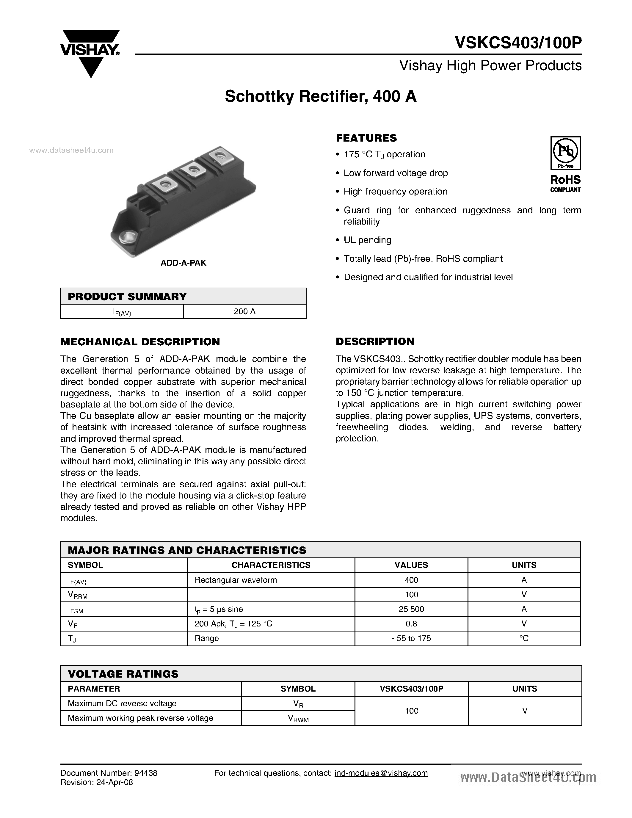 Datasheet VSKCS403/100P page 1 Datasheet VSKCS403/100P - Schottky Rectifier page 1