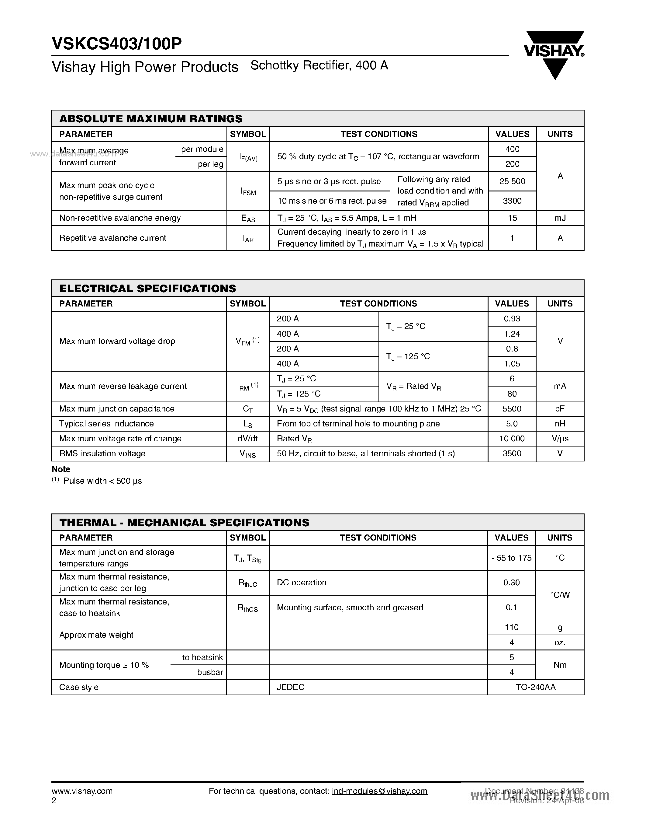 Datasheet VSKCS403/100P page 2 Datasheet VSKCS403/100P - Schottky Rectifier page 2