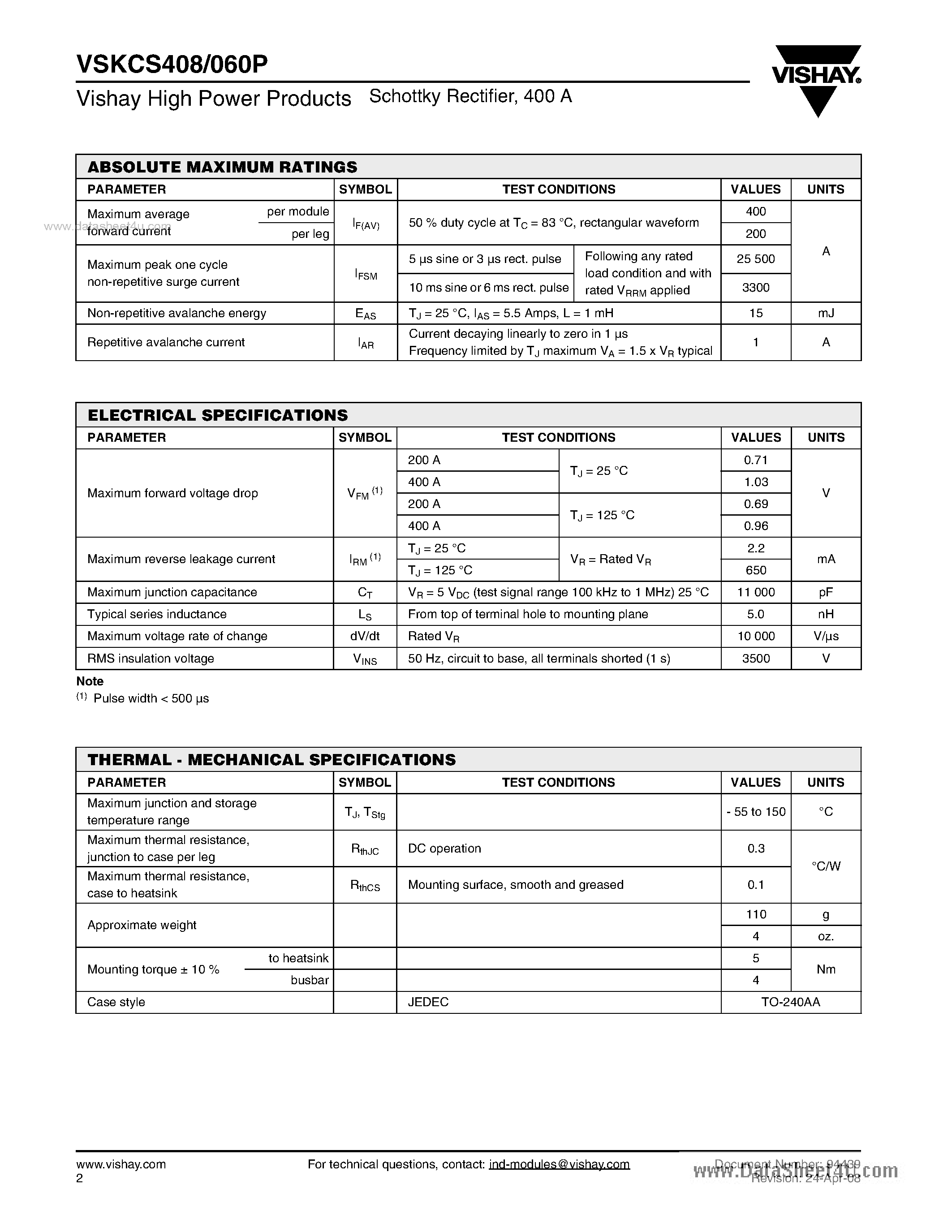 Datasheet VSKCS408/060P page 2 Datasheet VSKCS408/060P - Schottky Rectifier page 2