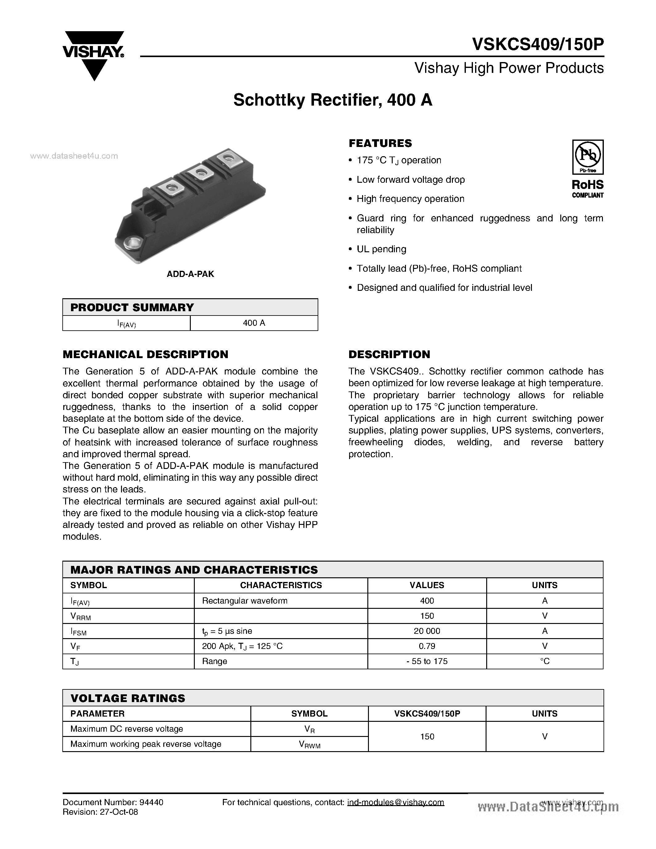 Datasheet VSKCS409/150P page 1 Datasheet VSKCS409/150P - Schottky Rectifier page 1