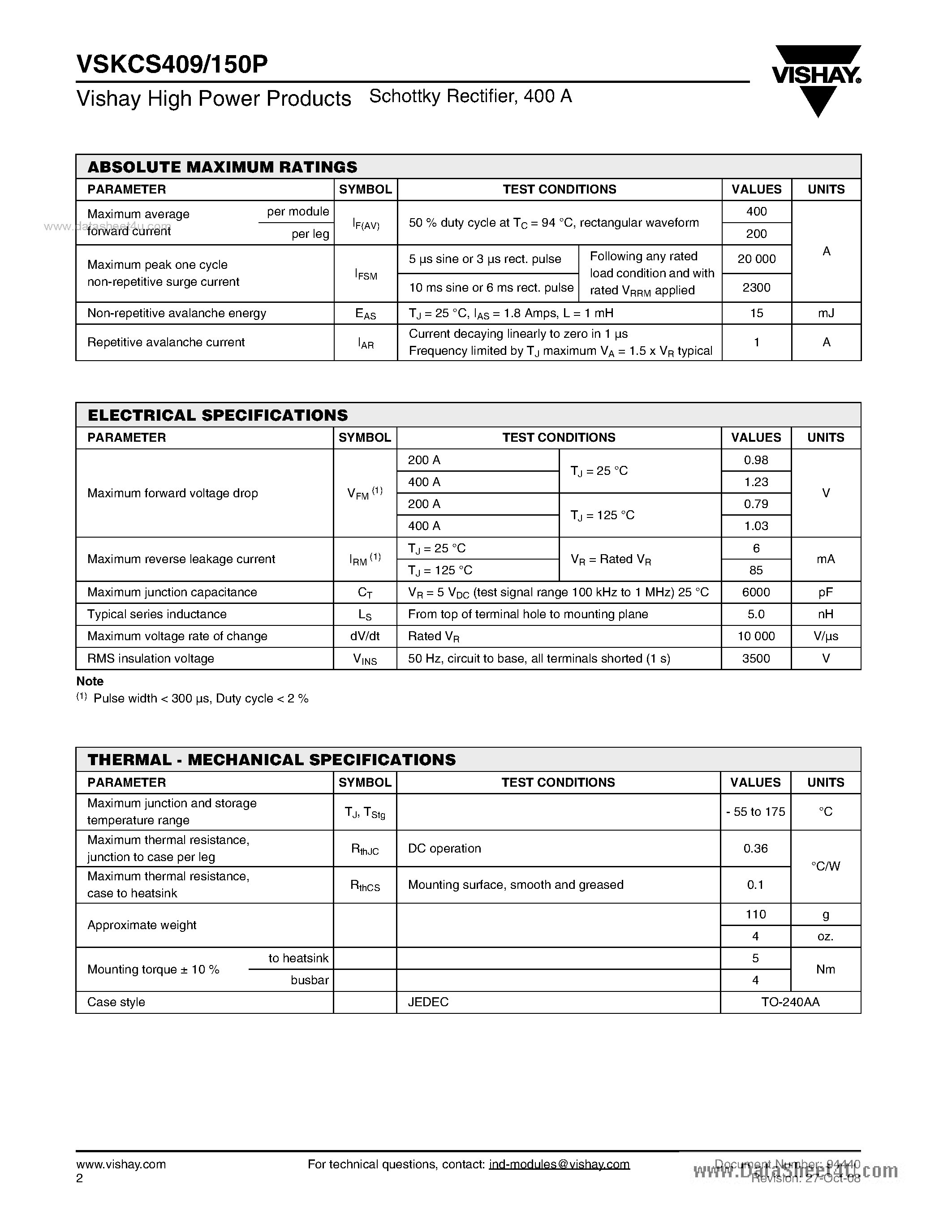 Datasheet VSKCS409/150P page 2 Datasheet VSKCS409/150P - Schottky Rectifier page 2
