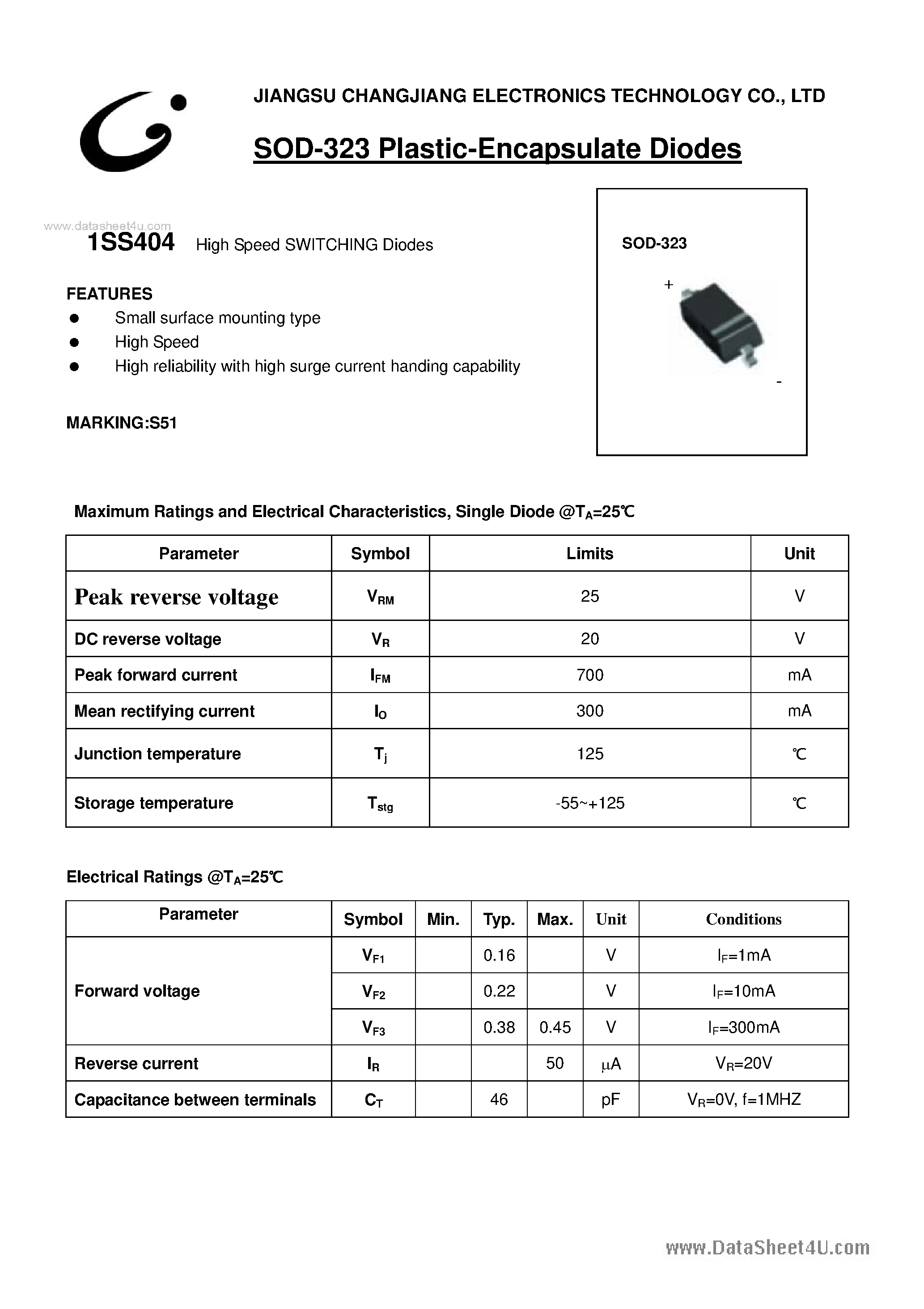 Даташит 1SS404 - High Speed SWITCHING Diodes страница 1