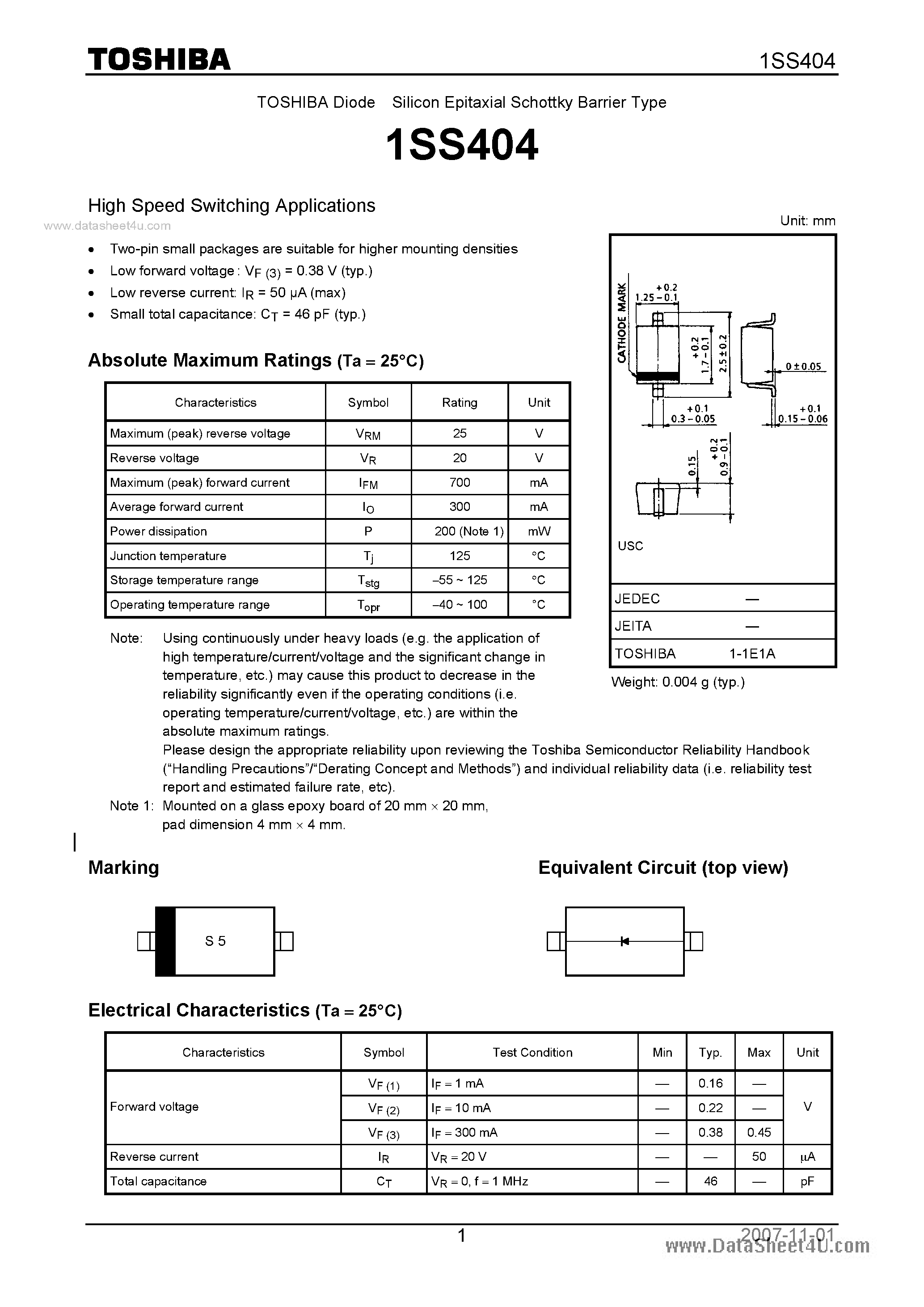 Datasheet 1SS404 - Silicon Epitaxial Schottky Barrier Type page 1