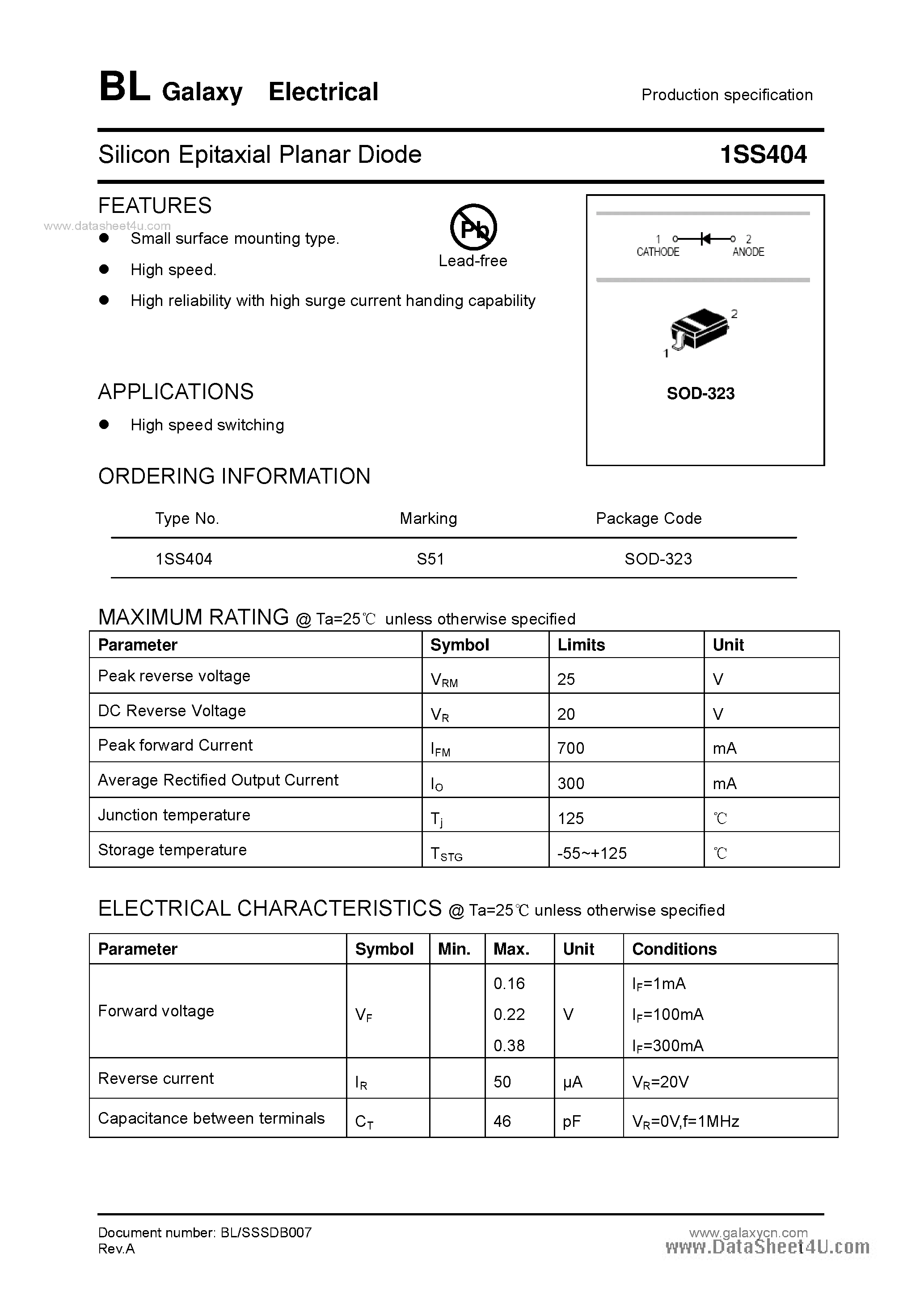 Datasheet 1SS404 - Silicon Epitaxial Planar Diode page 1
