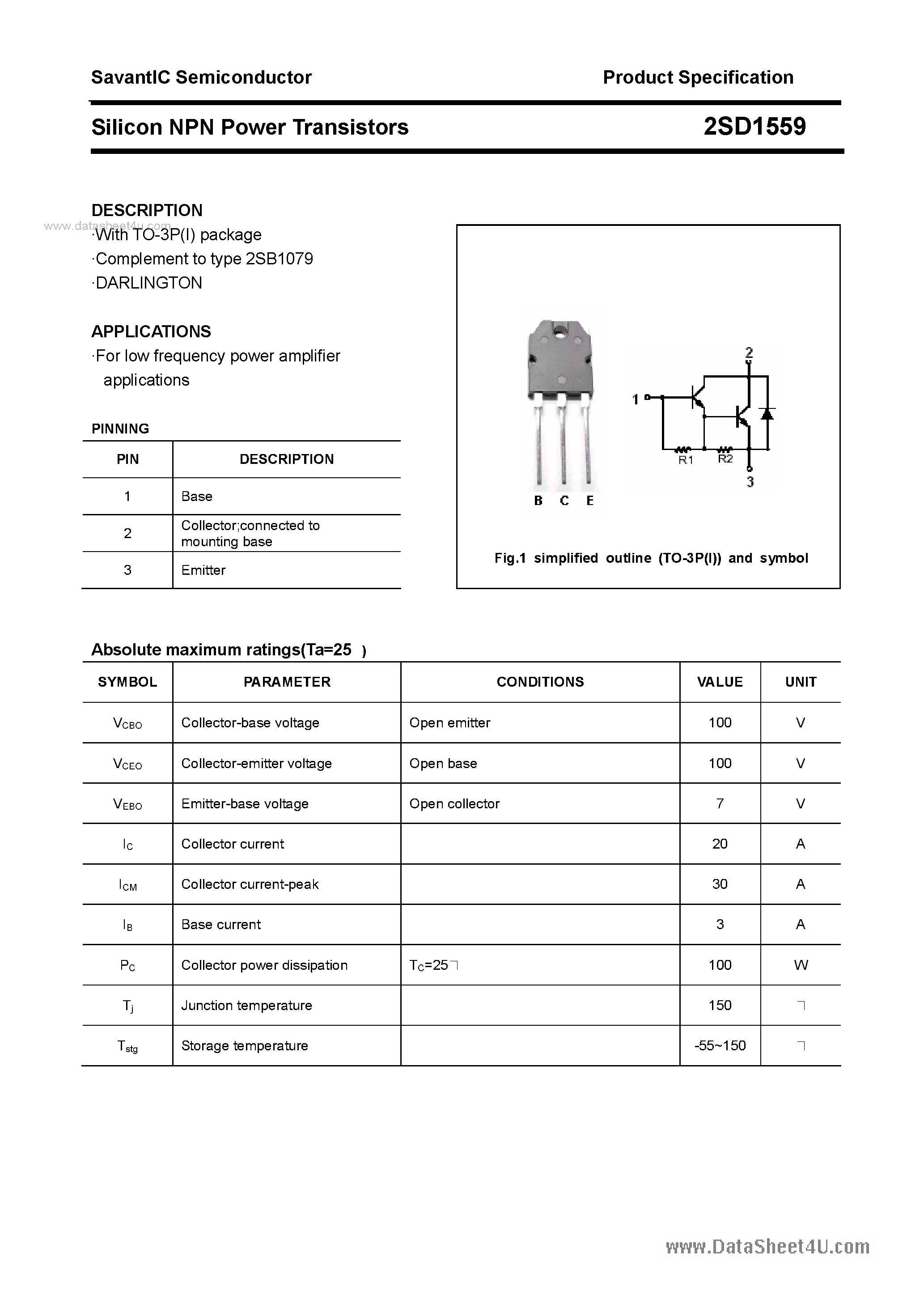 Datasheet 2SD1559 - SILICON POWER TRANSISTOR page 1