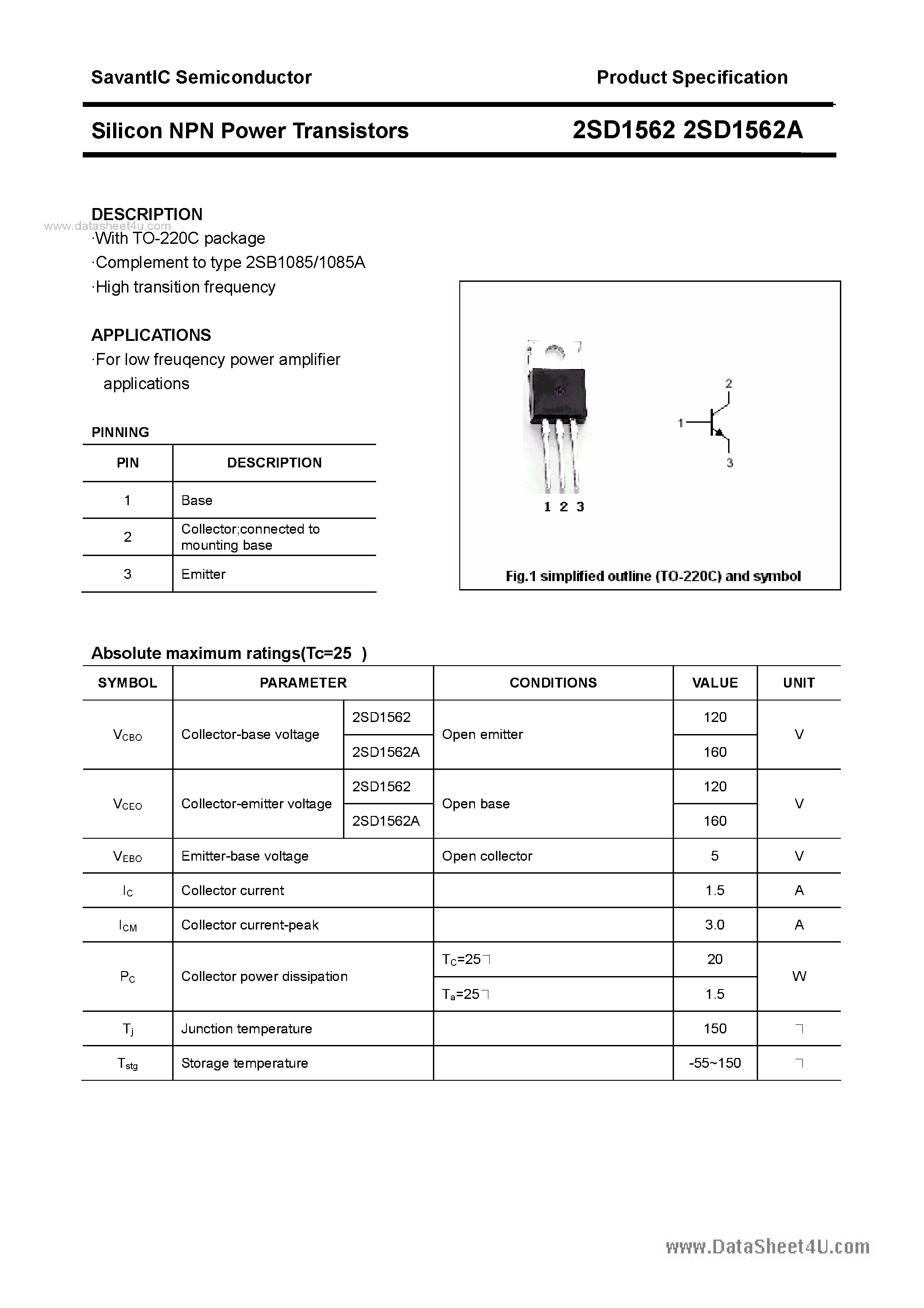 Datasheet 2SD1562 page 1 Datasheet 2SD1562 - SILICON POWER TRANSISTOR page 1