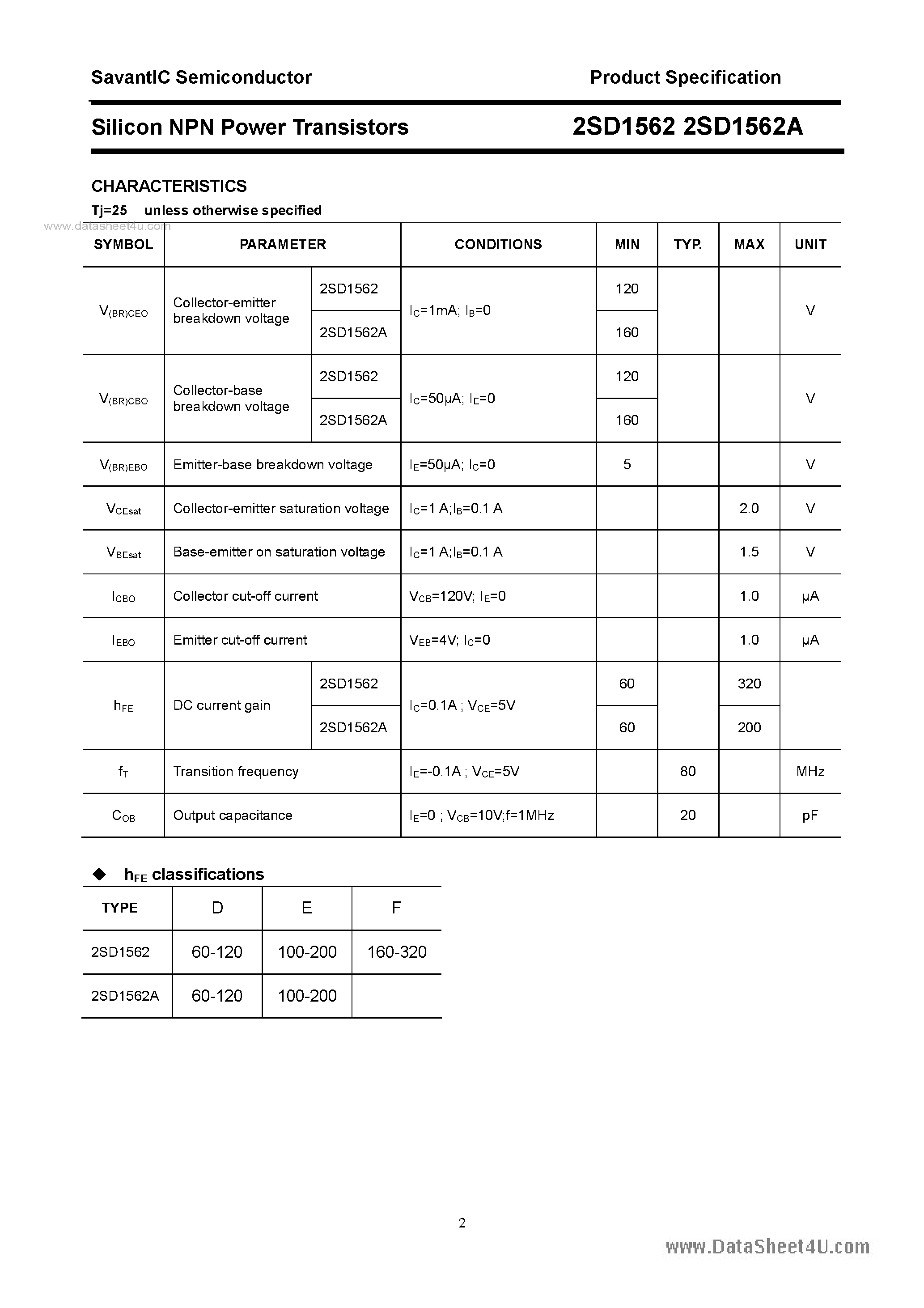 Datasheet 2SD1562 page 2 Datasheet 2SD1562 - SILICON POWER TRANSISTOR page 2
