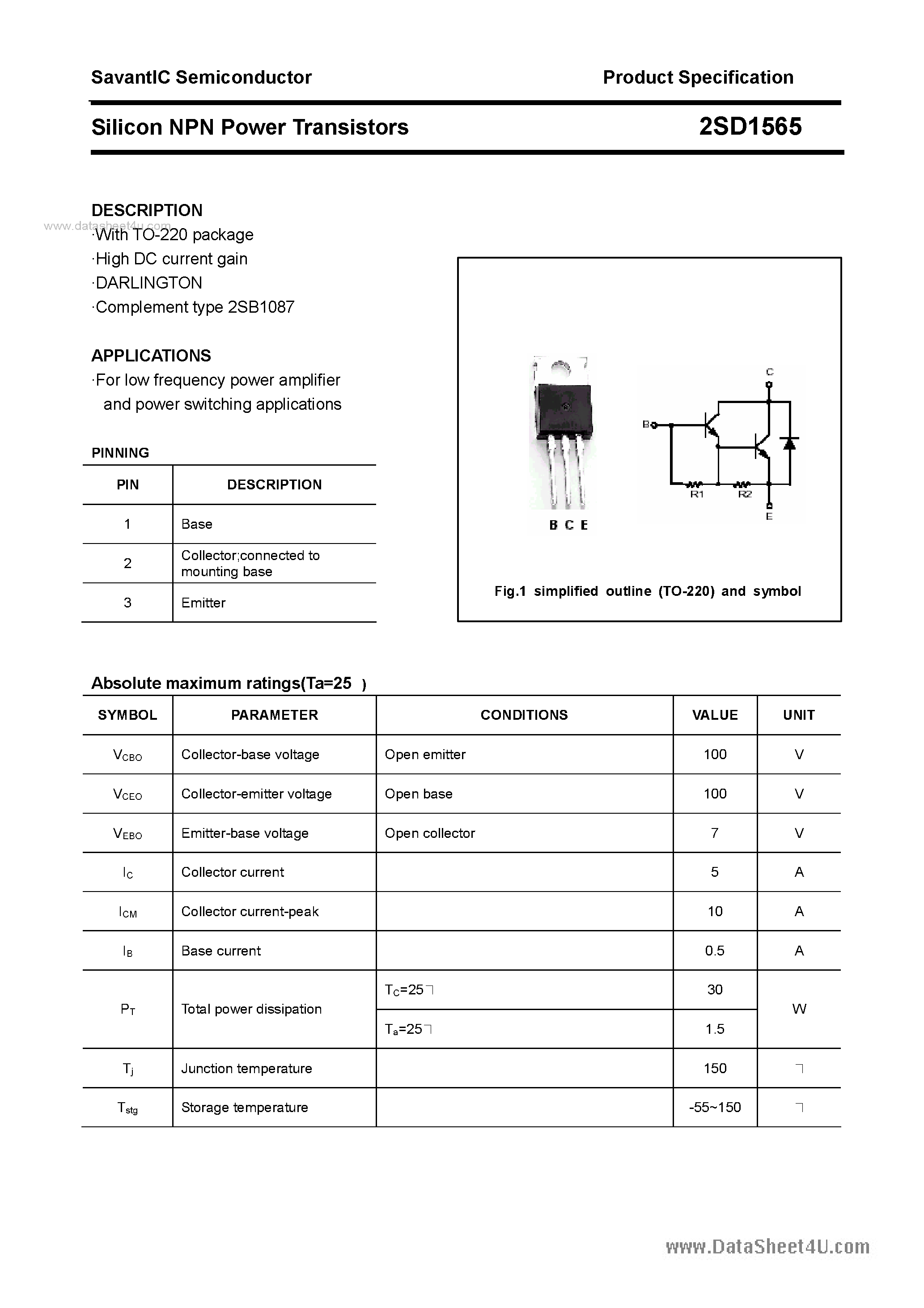 Datasheet 2SD1565 - SILICON POWER TRANSISTOR page 1