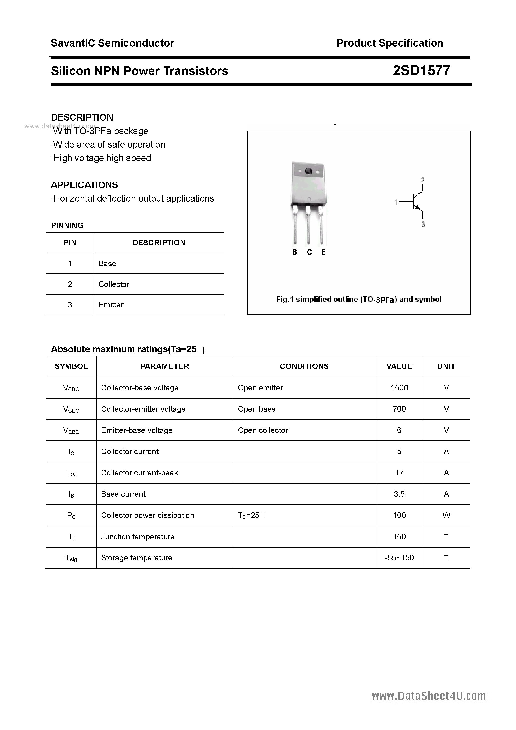 Datasheet 2SD1577 - SILICON POWER TRANSISTOR page 1