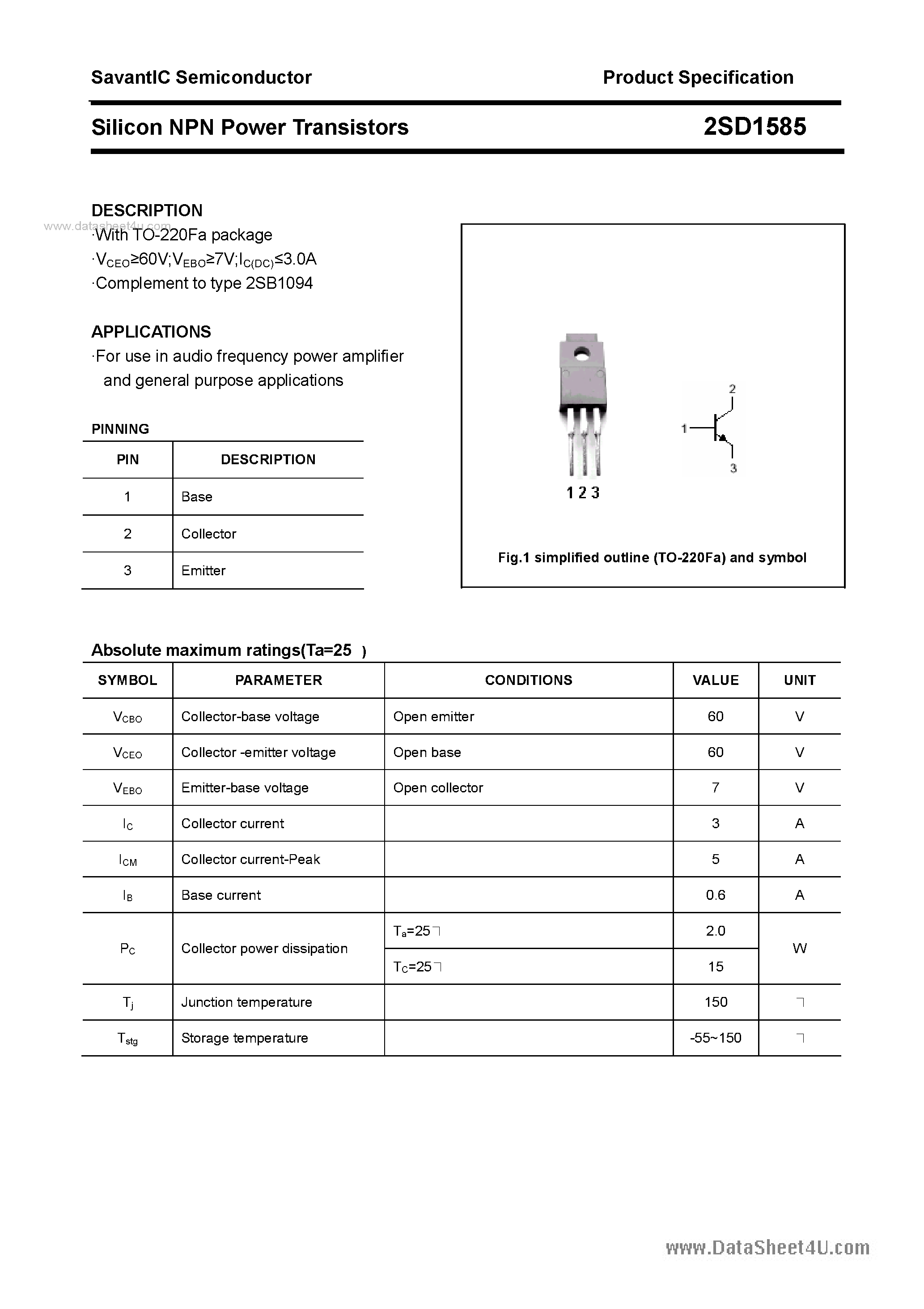 Datasheet 2SD1585 - SILICON POWER TRANSISTOR page 1