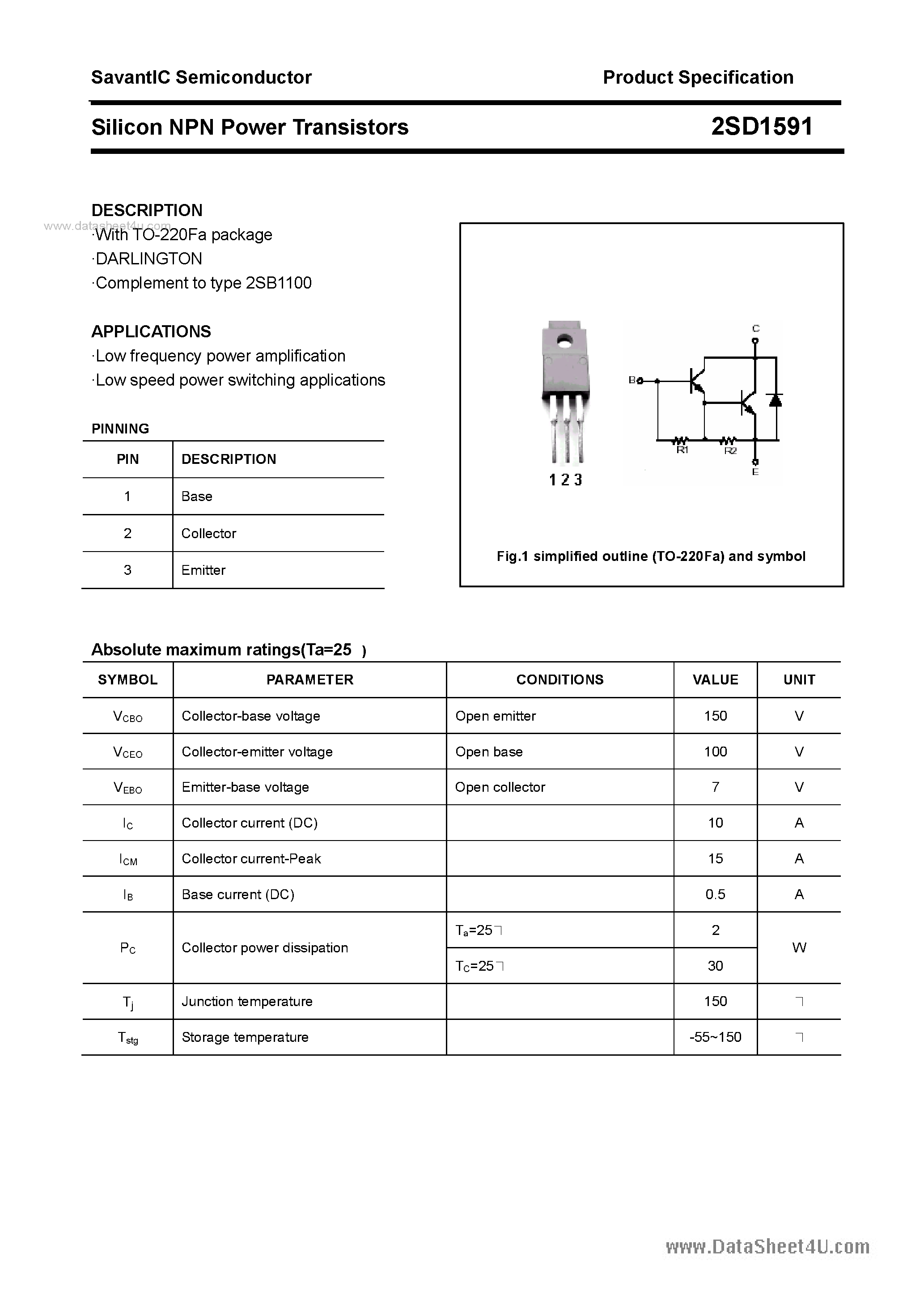 Datasheet 2SD1591 - SILICON POWER TRANSISTOR page 1