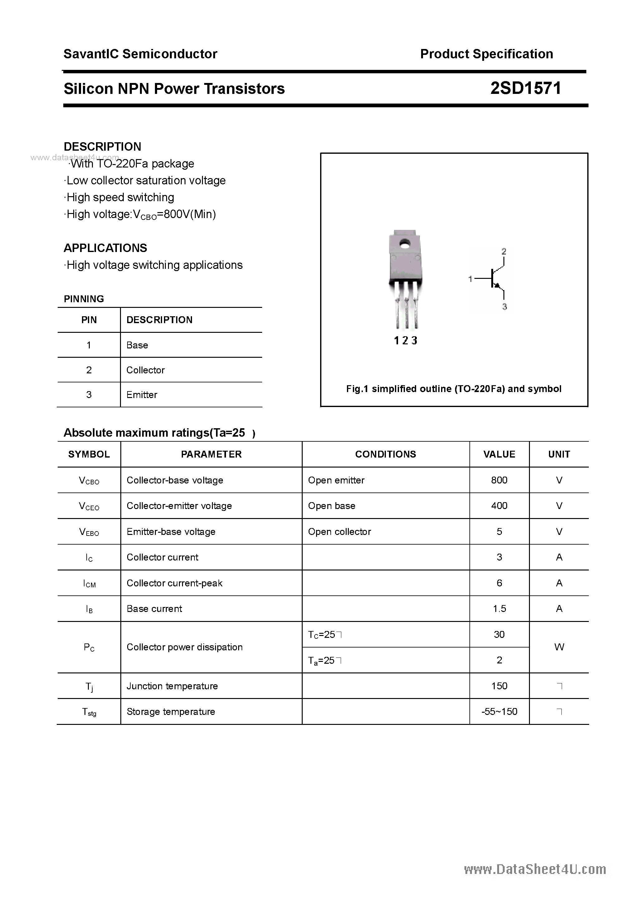 Datasheet 2SD1571 - SILICON POWER TRANSISTOR page 1