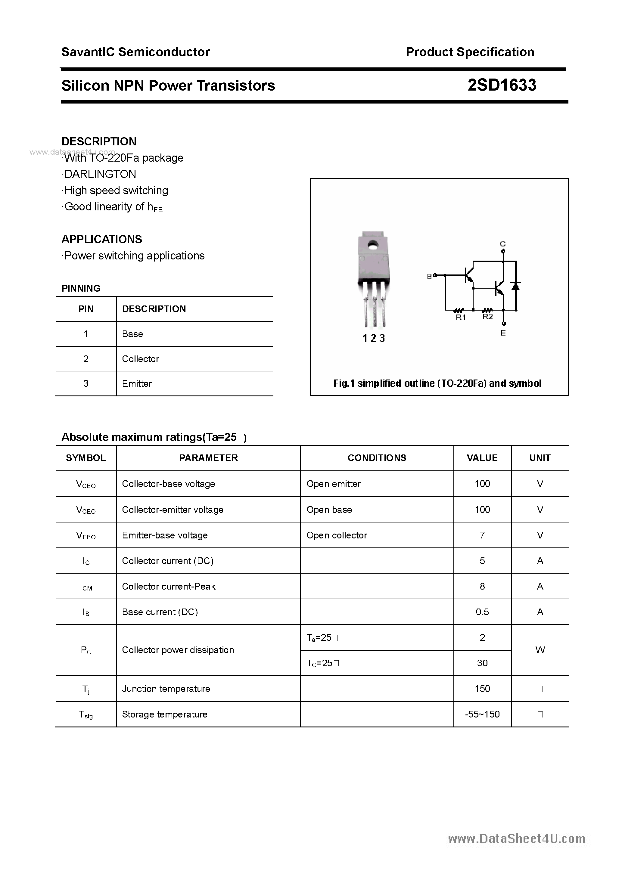 Datasheet 2SD1633 - SILICON POWER TRANSISTOR page 1