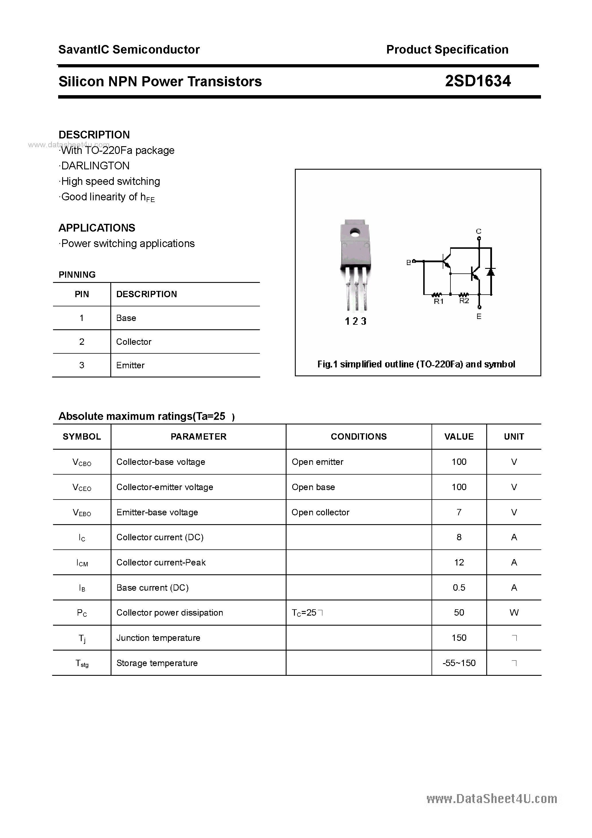 Datasheet 2SD1634 page 1 Datasheet 2SD1634 - SILICON POWER TRANSISTOR page 1
