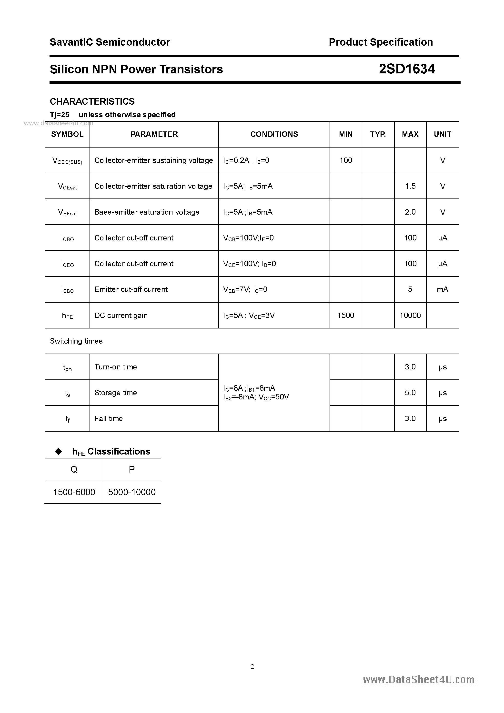 Datasheet 2SD1634 page 2 Datasheet 2SD1634 - SILICON POWER TRANSISTOR page 2