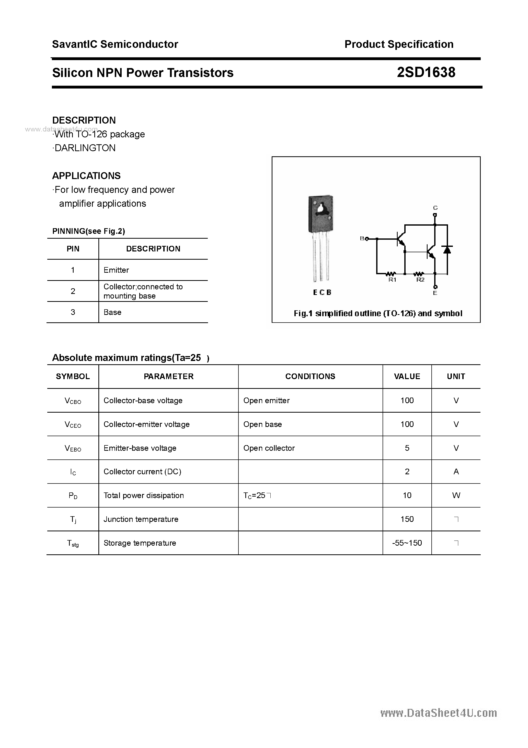 Datasheet 2SD1638 - SILICON POWER TRANSISTOR page 1