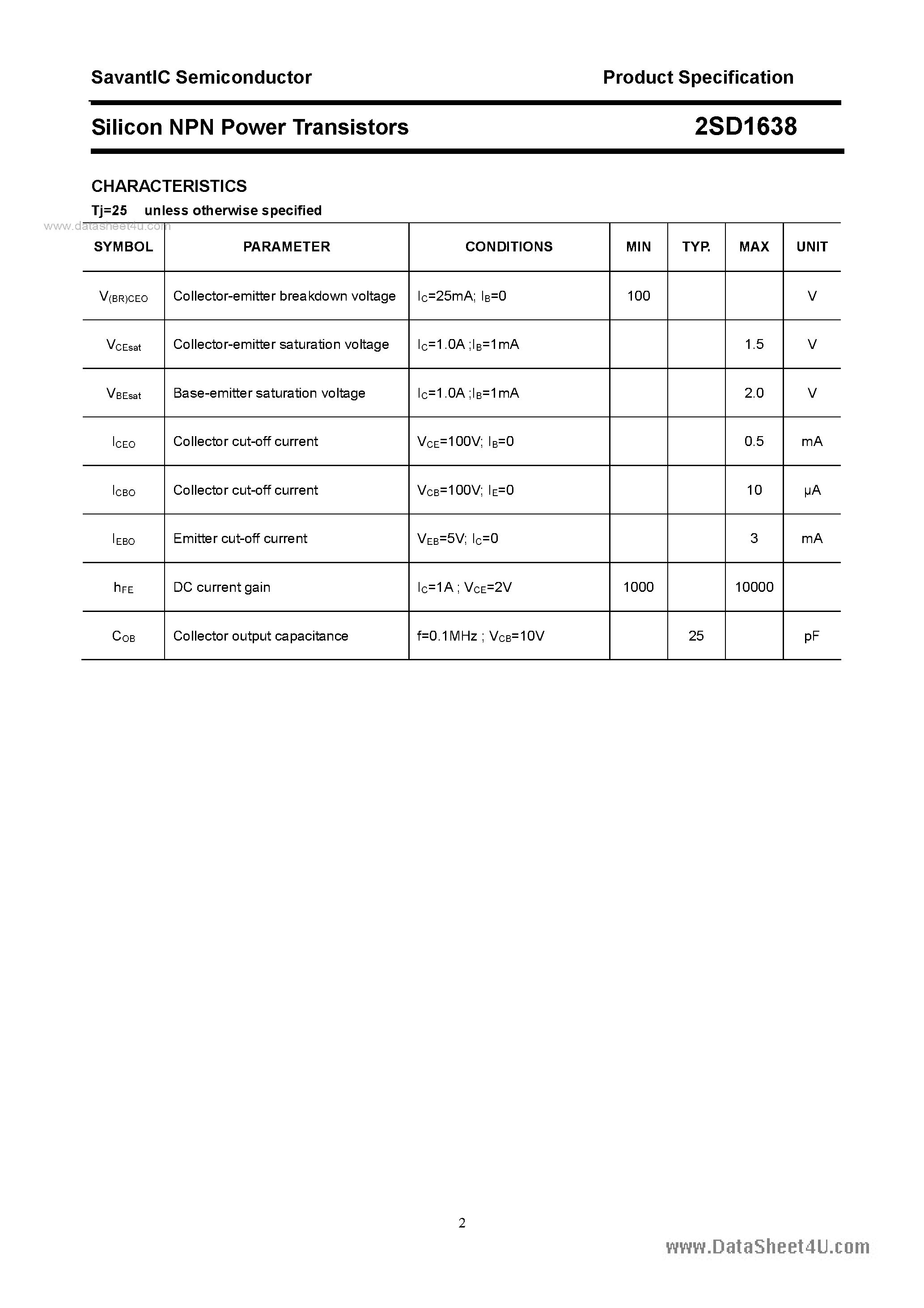 Datasheet 2SD1638 - SILICON POWER TRANSISTOR page 2