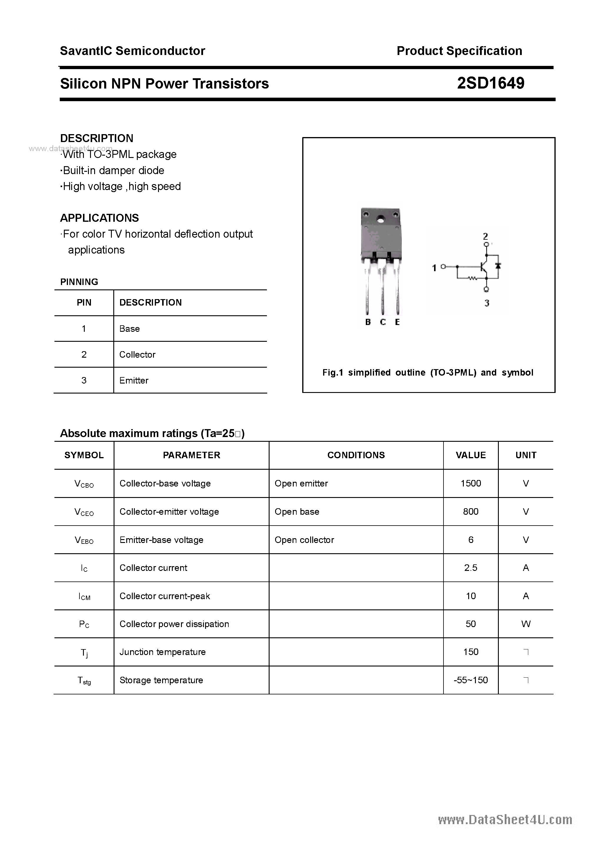 Datasheet 2SD1649 - SILICON POWER TRANSISTOR page 1