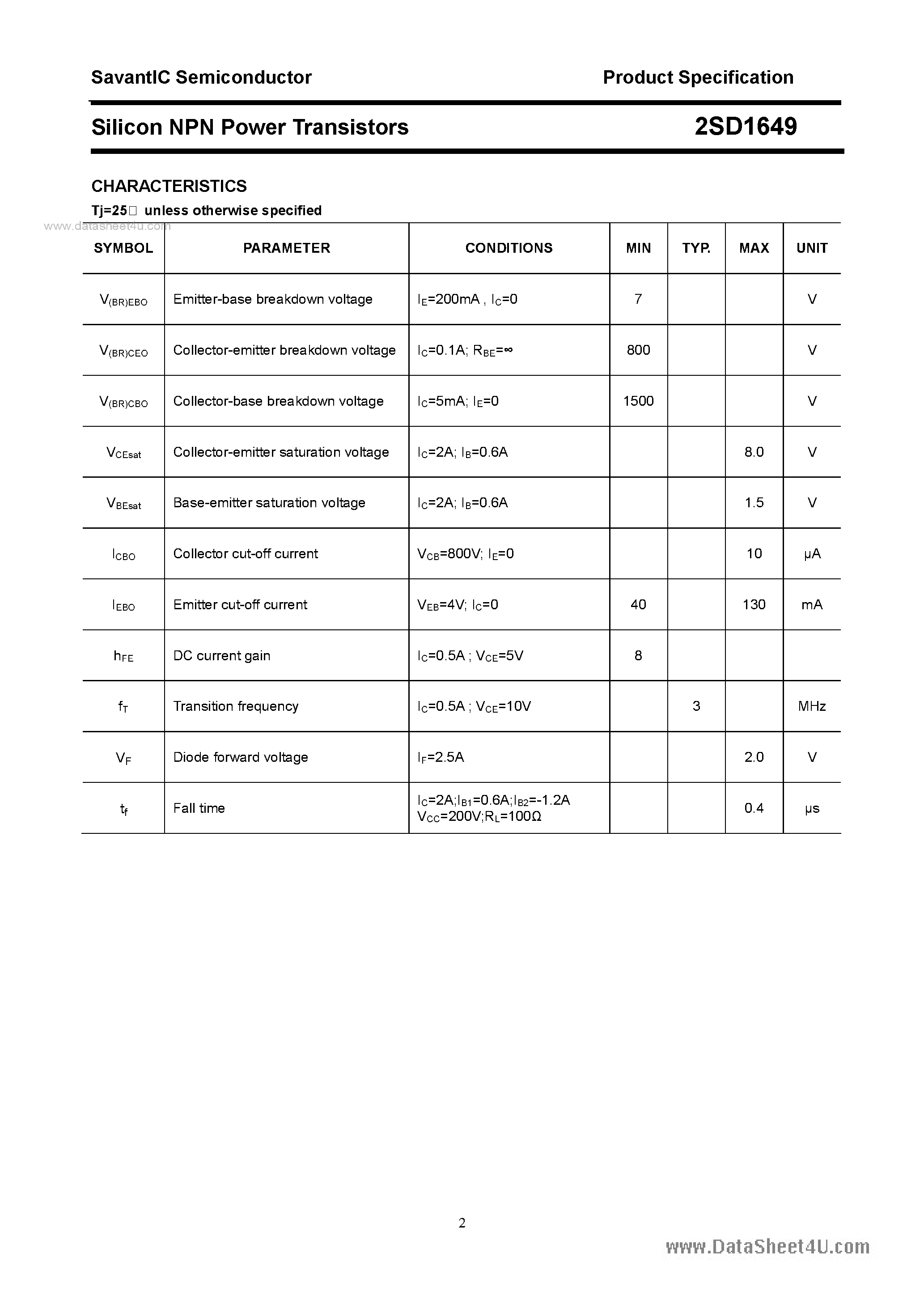Datasheet 2SD1649 - SILICON POWER TRANSISTOR page 2