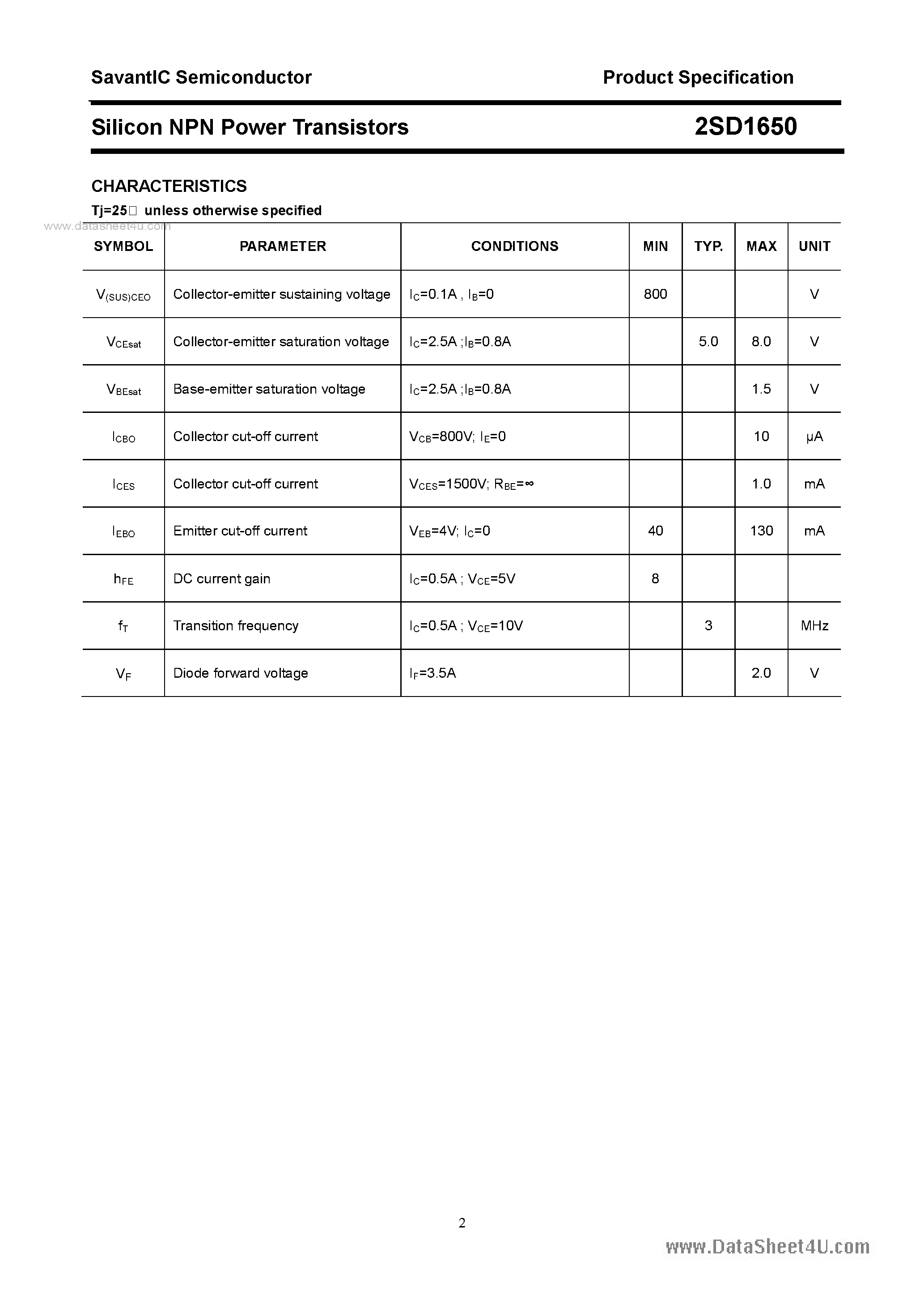 Datasheet 2SD1650 - SILICON POWER TRANSISTOR page 2