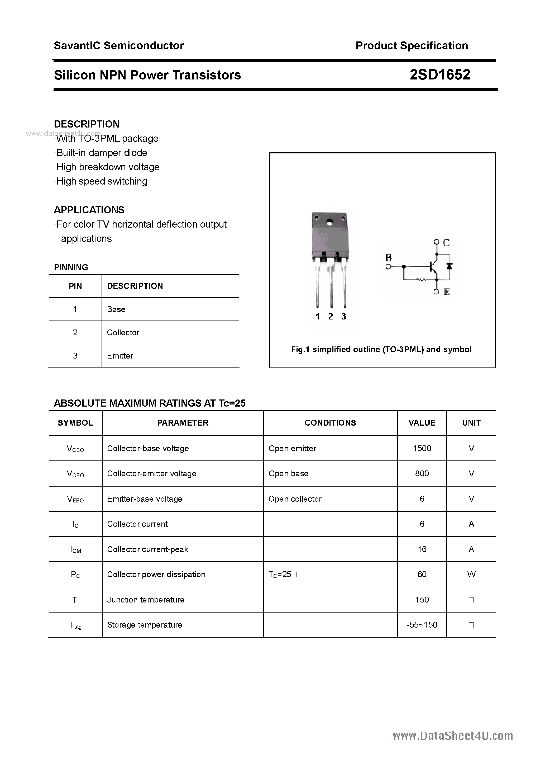 Datasheet 2SD1652 - SILICON POWER TRANSISTOR page 1