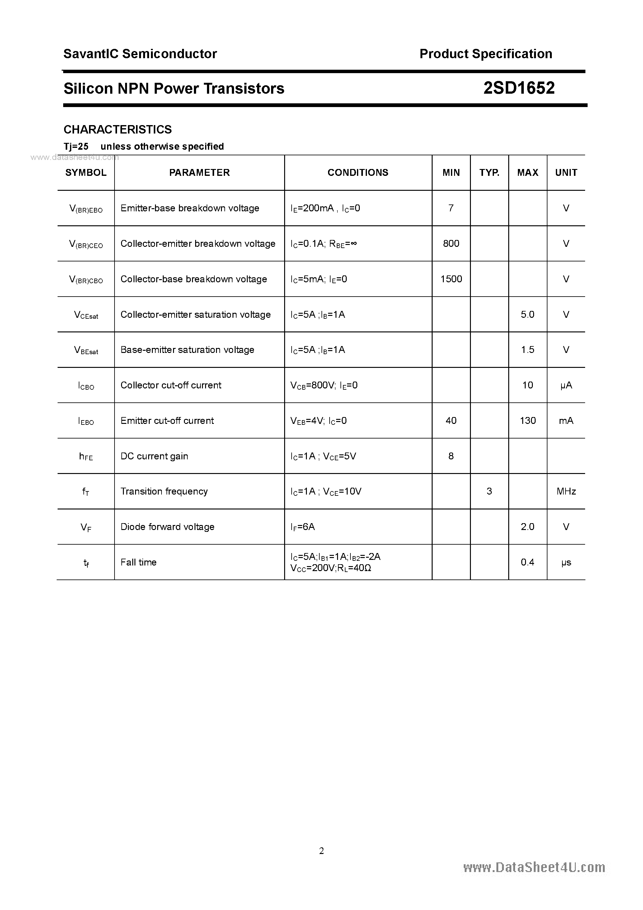 Datasheet 2SD1652 - SILICON POWER TRANSISTOR page 2