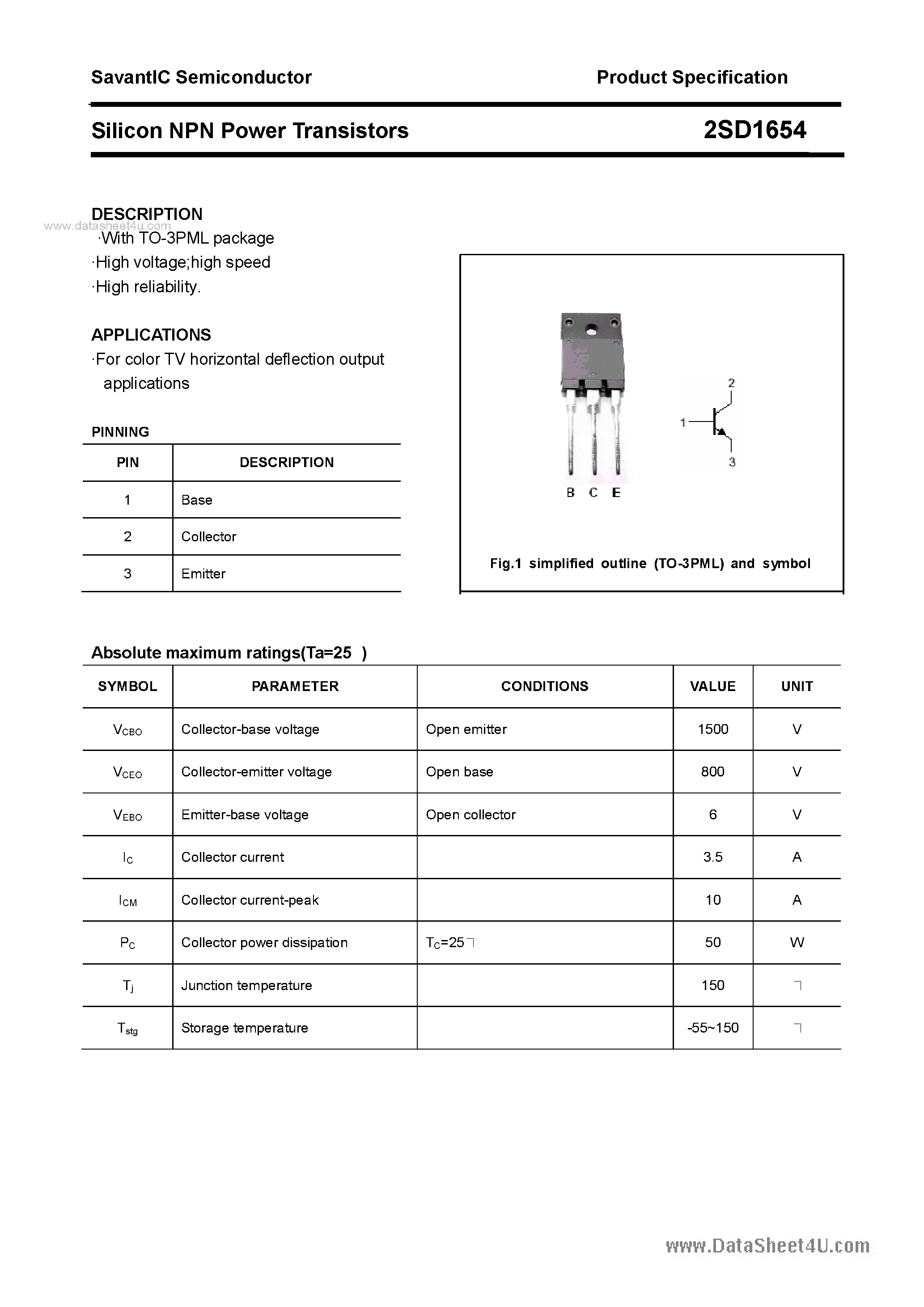 Datasheet 2SD1654 - SILICON POWER TRANSISTOR page 1