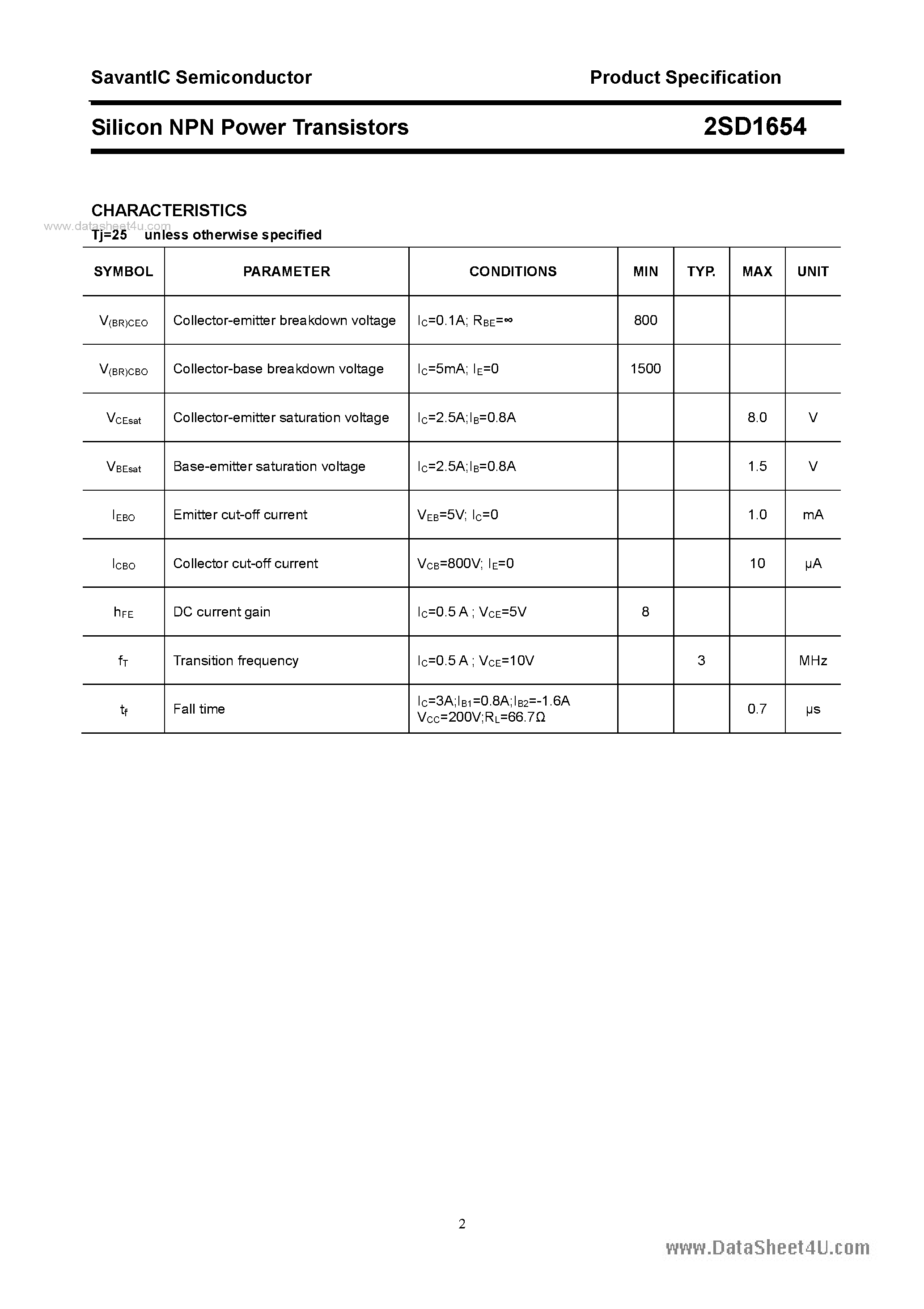 Datasheet 2SD1654 - SILICON POWER TRANSISTOR page 2