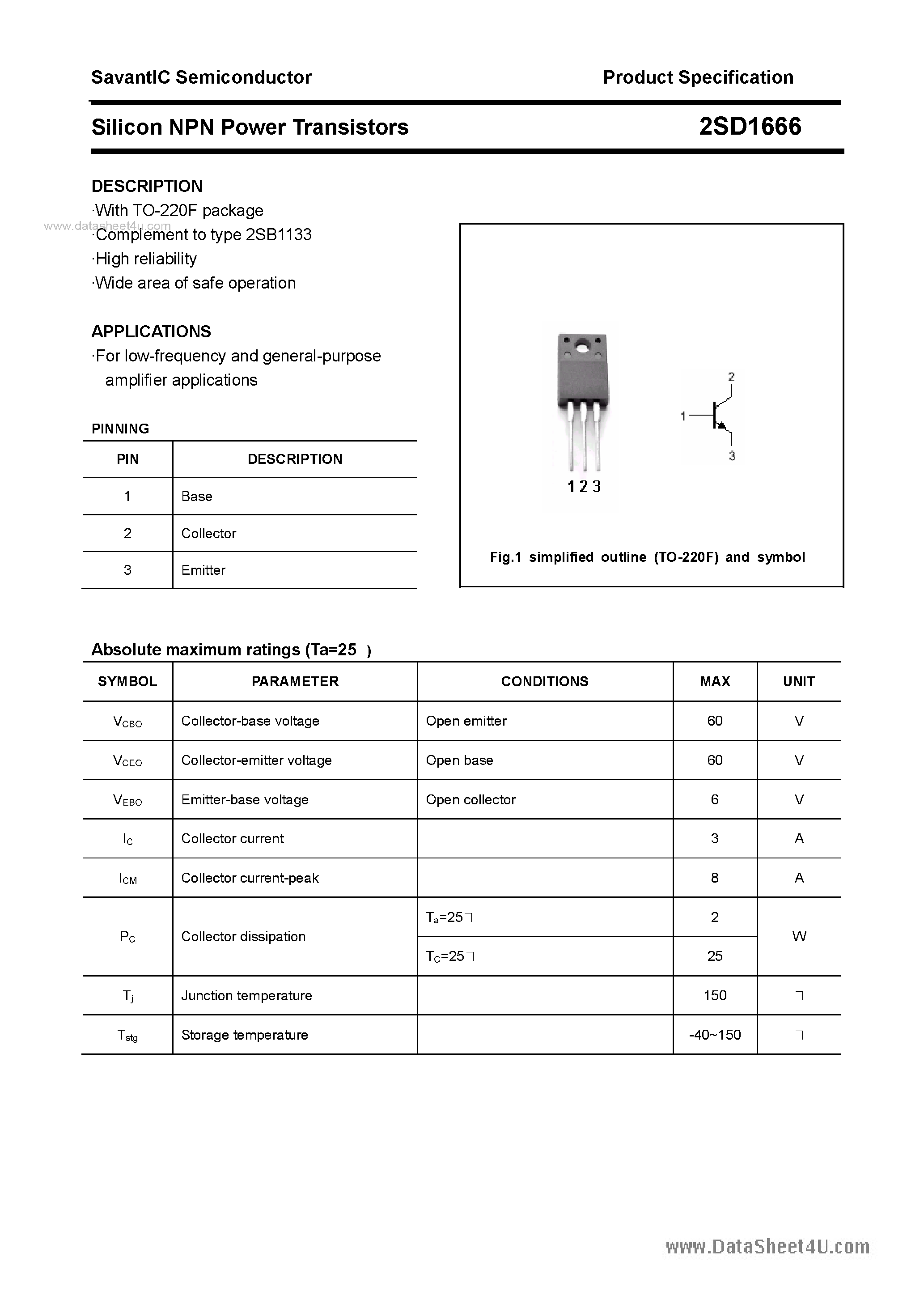 Datasheet 2SD1666 - SILICON POWER TRANSISTOR page 1