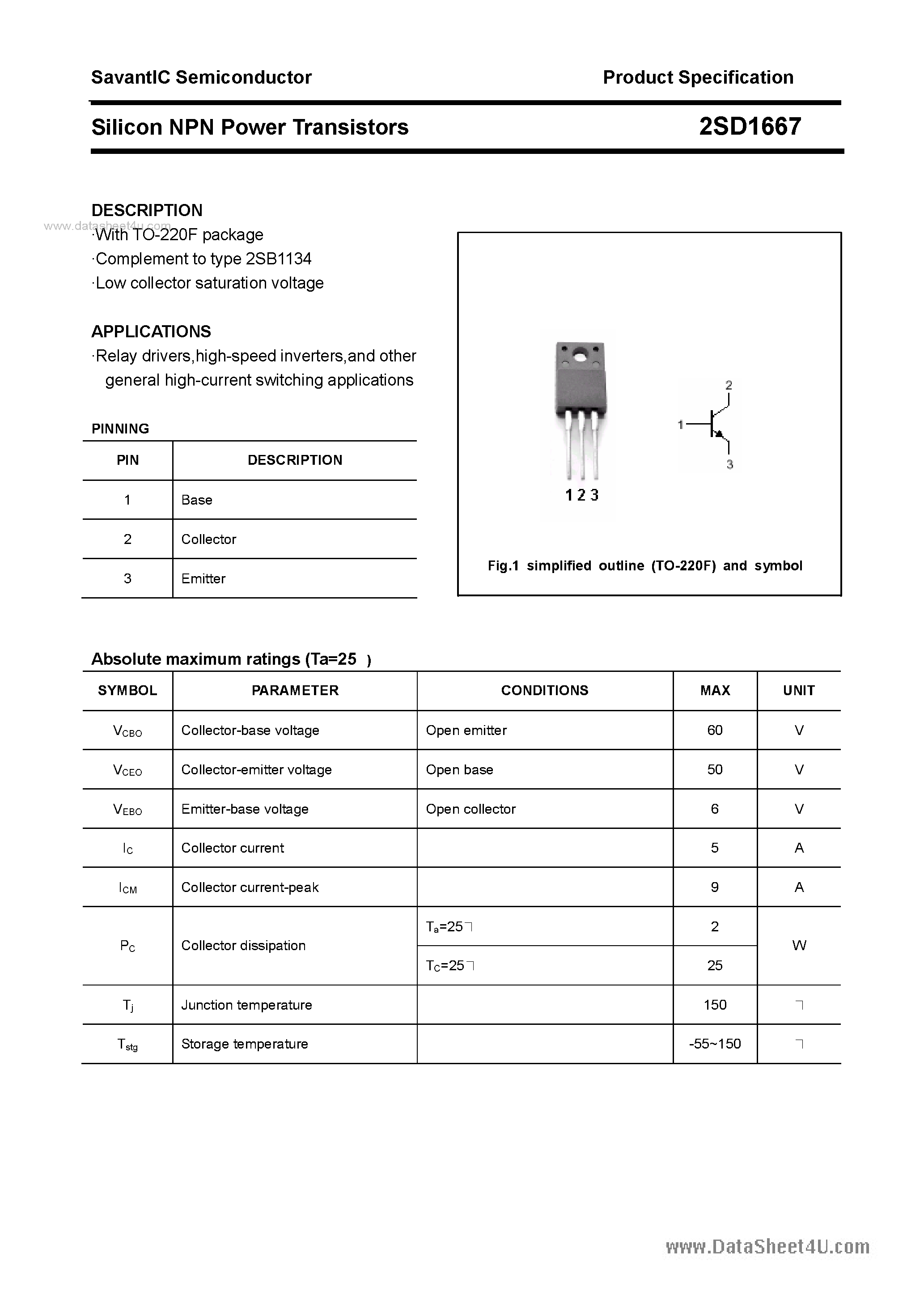 Datasheet 2SD1667 - SILICON POWER TRANSISTOR page 1