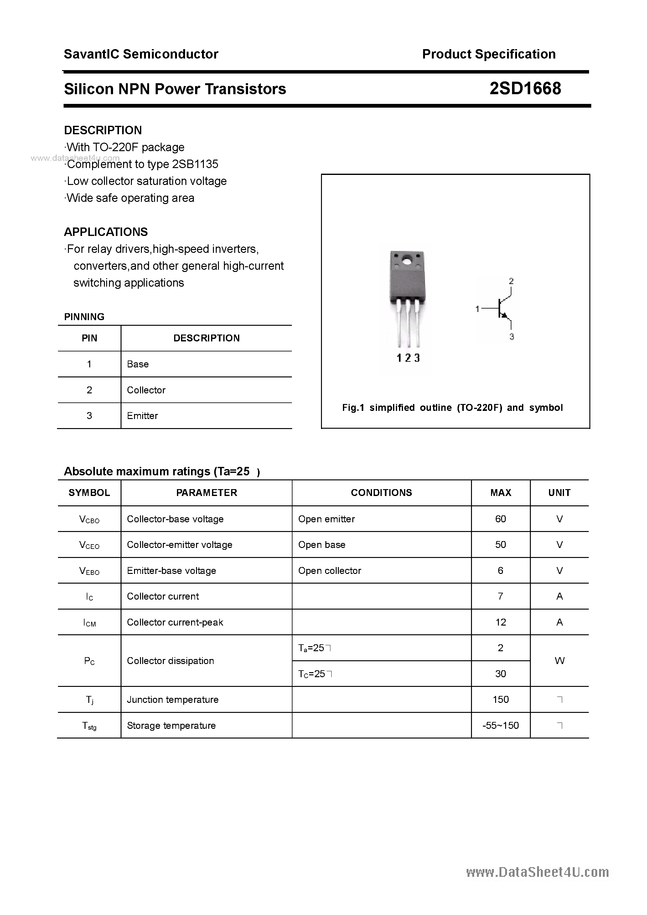 Datasheet 2SD1668 - SILICON POWER TRANSISTOR page 1
