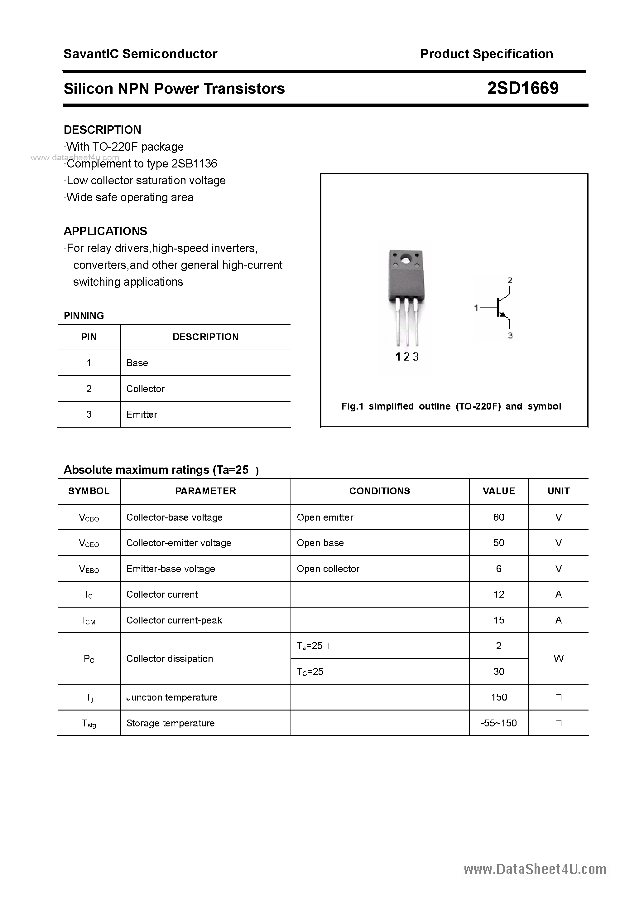 Datasheet 2SD1669 - SILICON POWER TRANSISTOR page 1